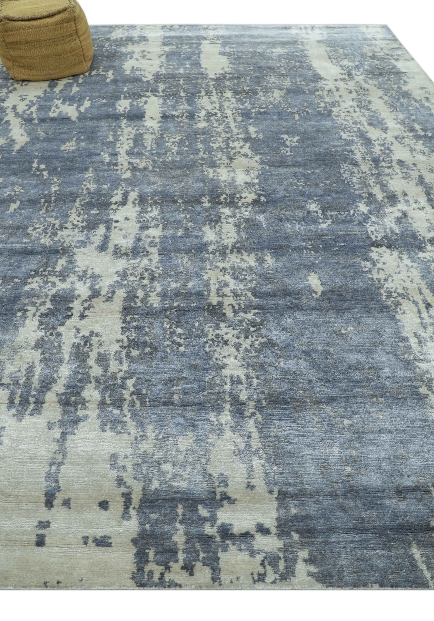 Modern Abstract Blue And Ivory Hand Knotted Wool Area Rug - Image 4