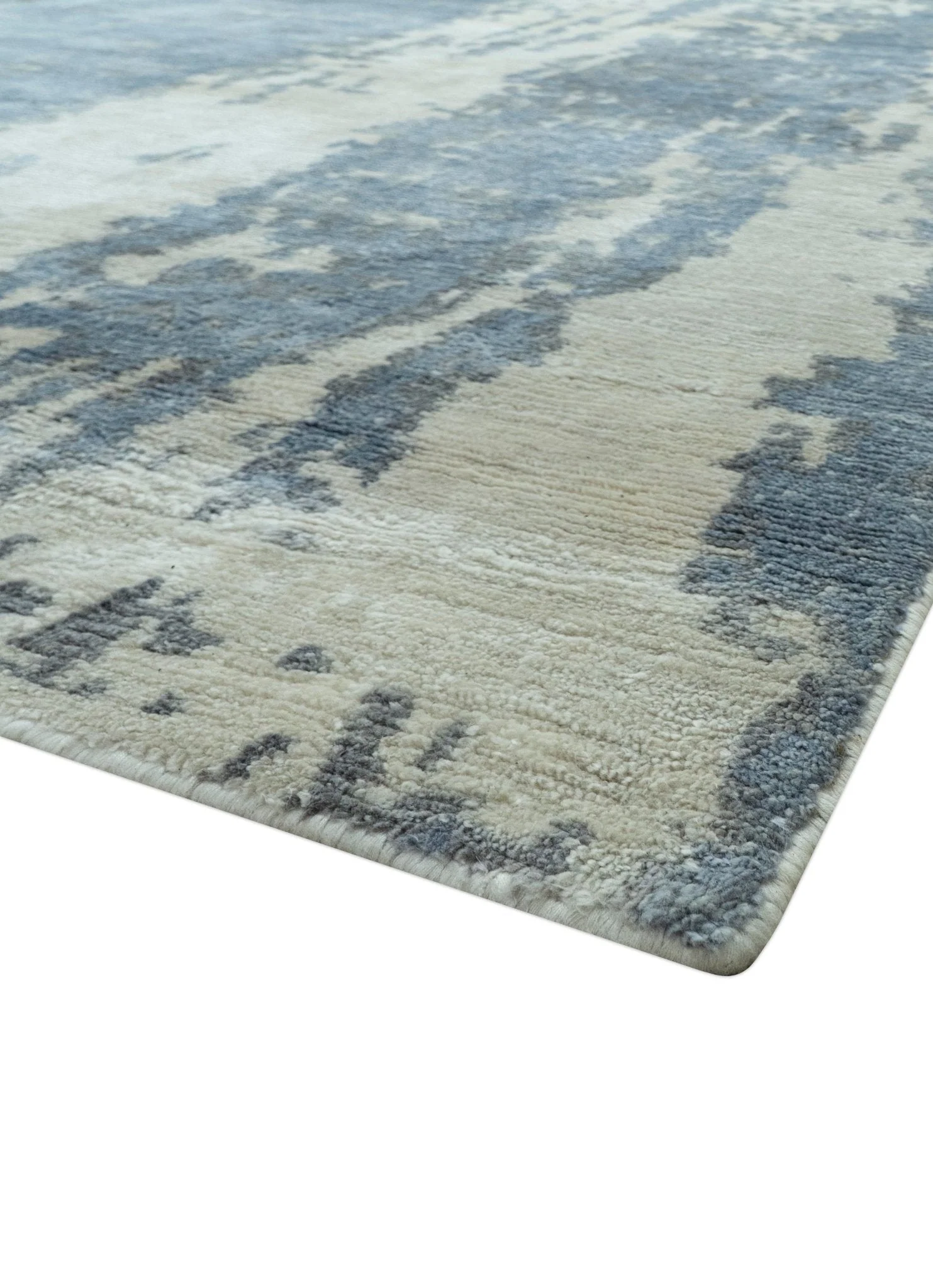 Modern Abstract Blue And Ivory Hand Knotted Wool Area Rug - Image 6