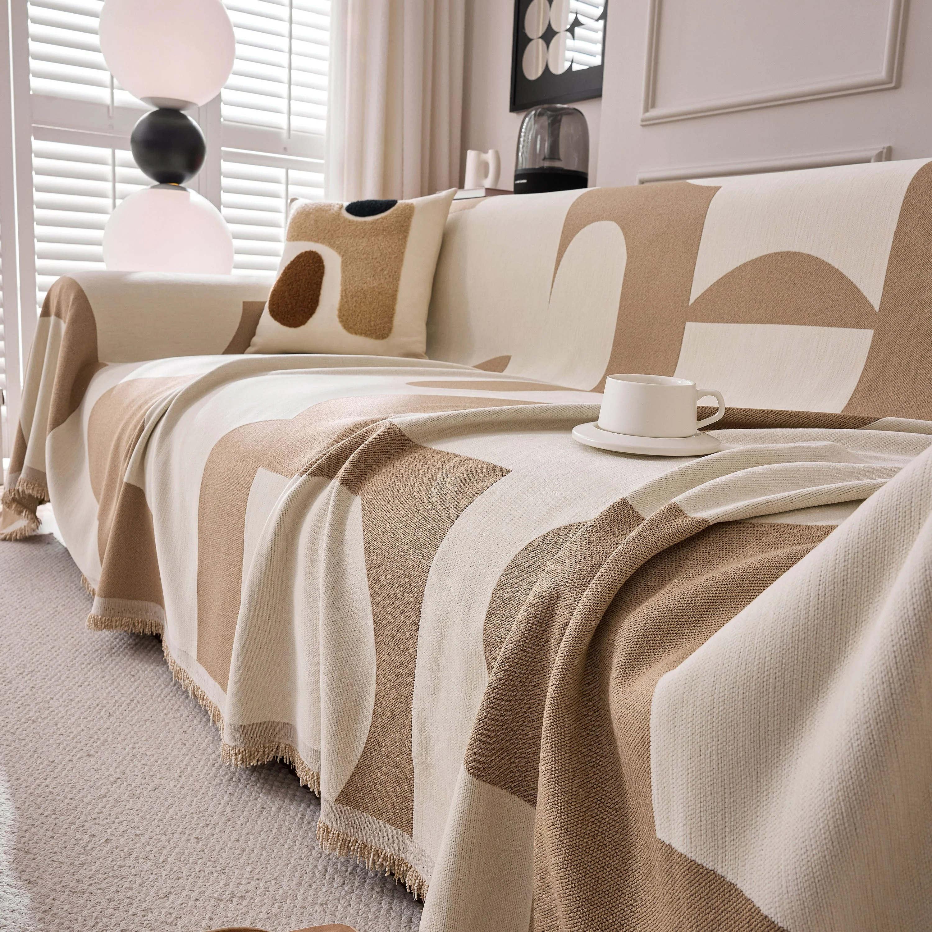 Modern Abstract Chenille Sofa Cover, Large Soft Throw Blanket with Tassels for Couch - Image 15