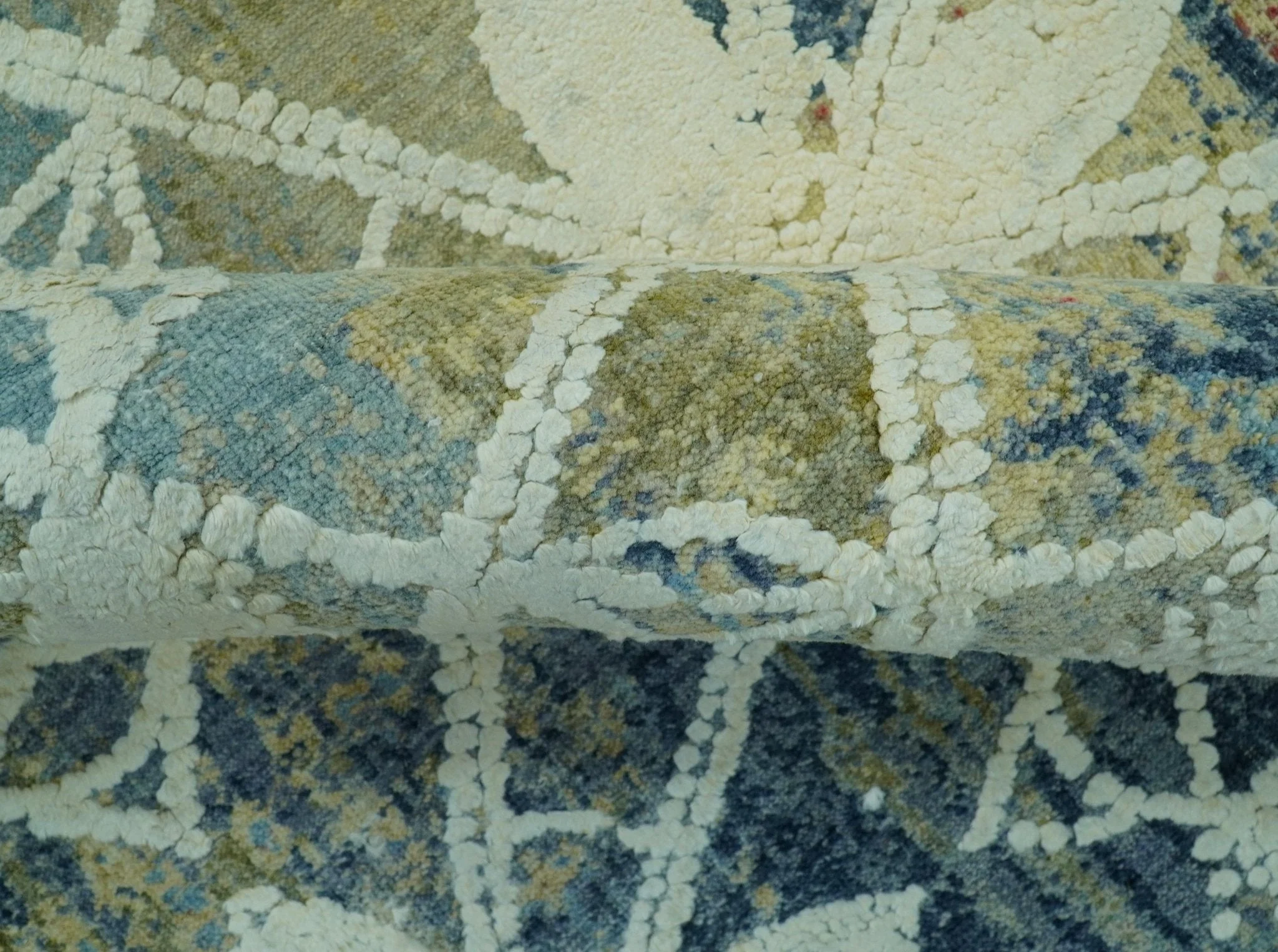 Modern Abstract Design Blue And Beige Hand Knotted 8x10 Wool And Real Silk Area Rug - Image 5