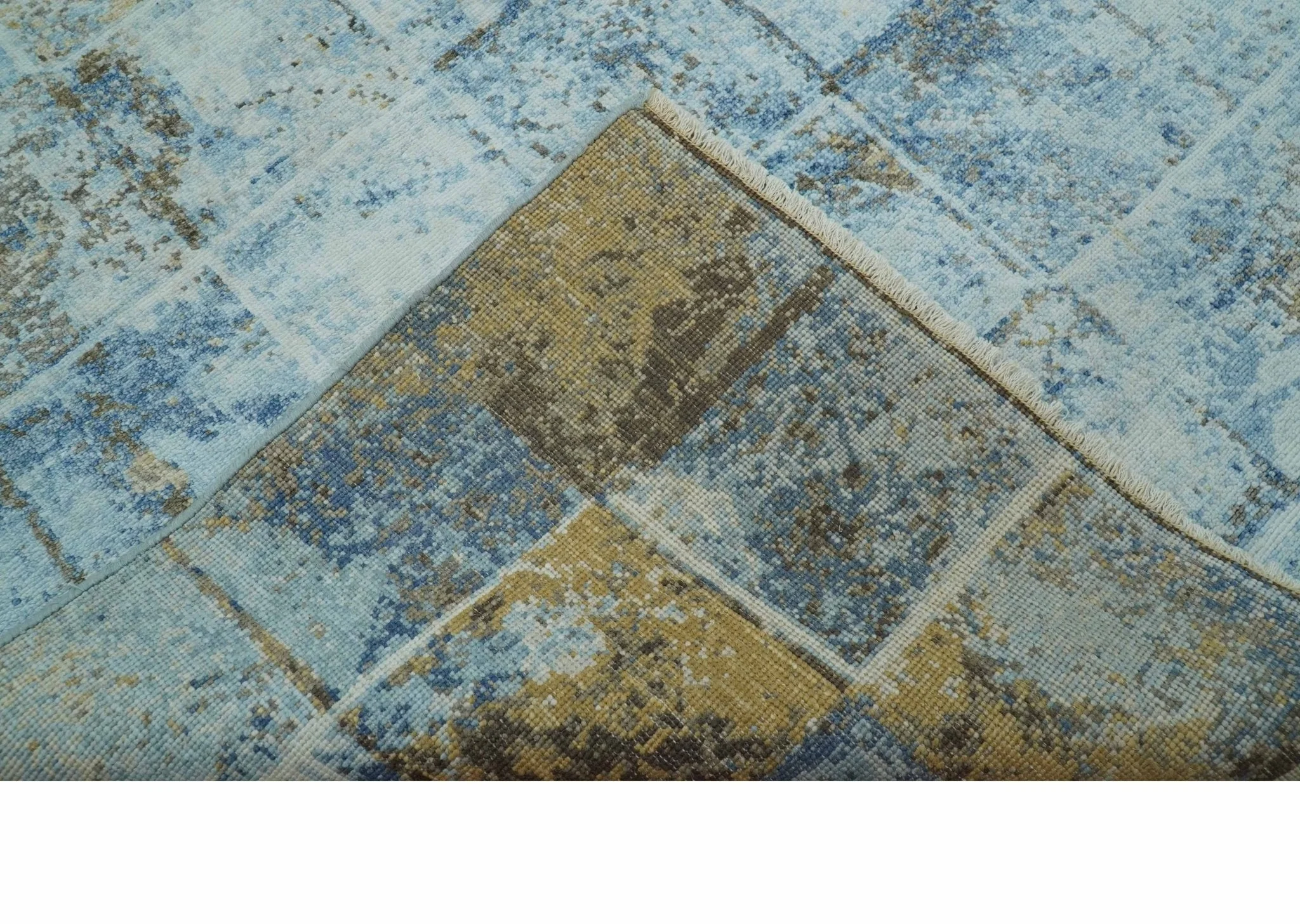 Modern Abstract Design Blue And Brown 8x10 Hand Knotted Wool Area Rug - Image 6