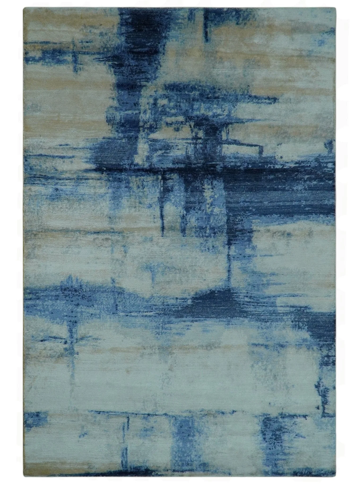 Modern Abstract Design Blue And Ivory Hand Knotted 6x9 Bamboo Silk Area Rug - Image 10
