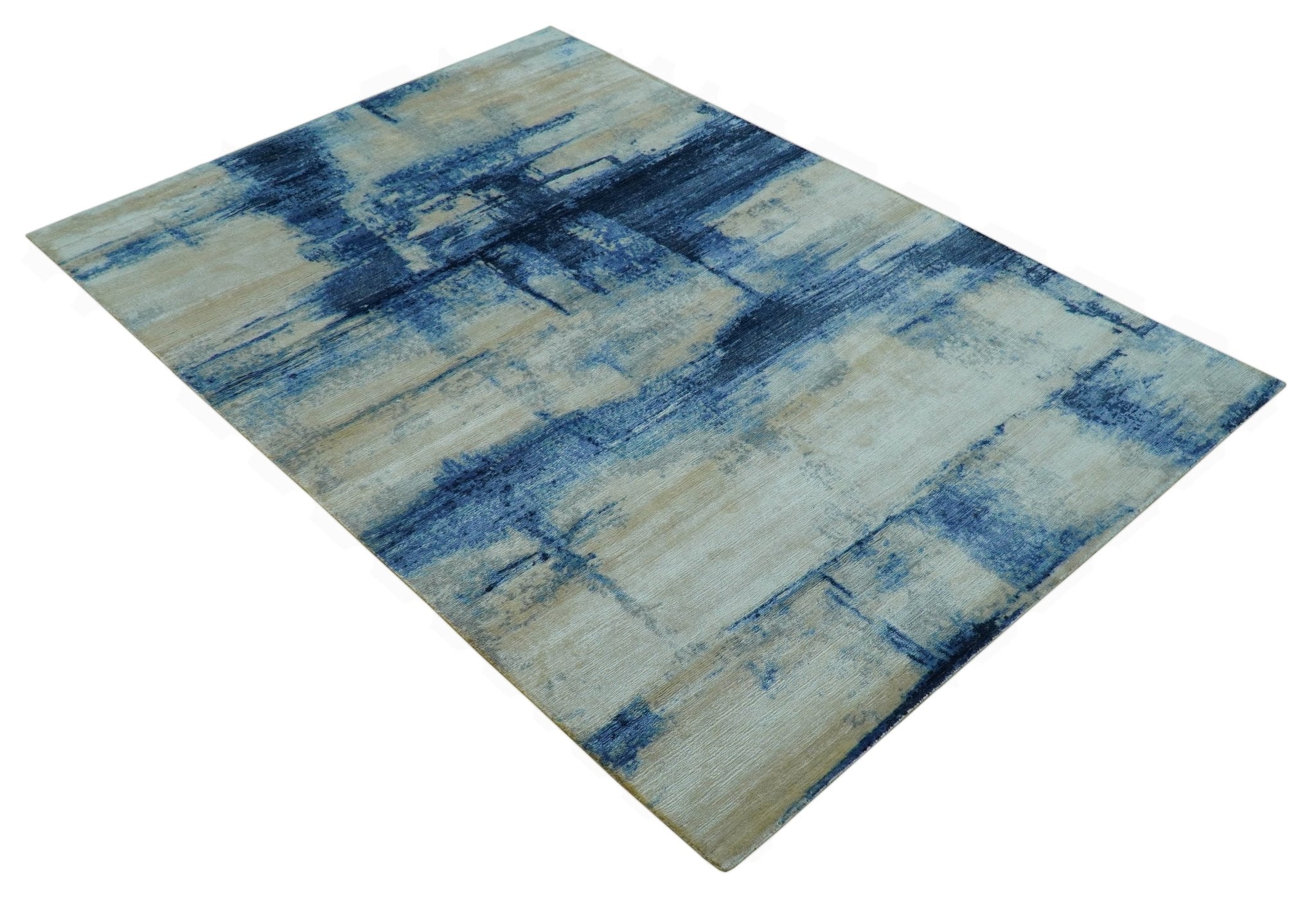 Modern Abstract Design Blue And Ivory Hand Knotted 6x9 Bamboo Silk Area Rug - Image 11