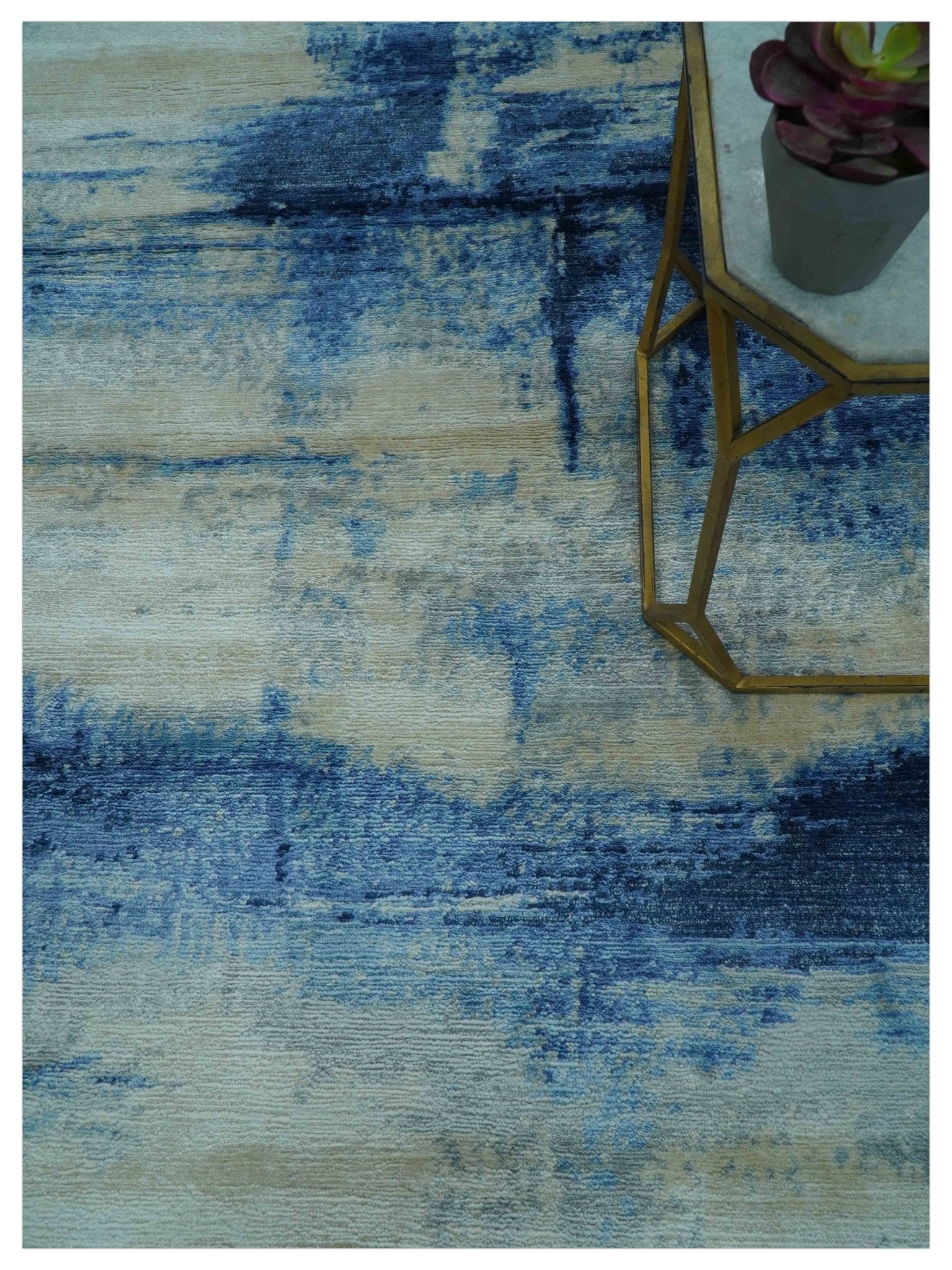 Modern Abstract Design Blue And Ivory Hand Knotted 6x9 Bamboo Silk Area Rug - Image 3