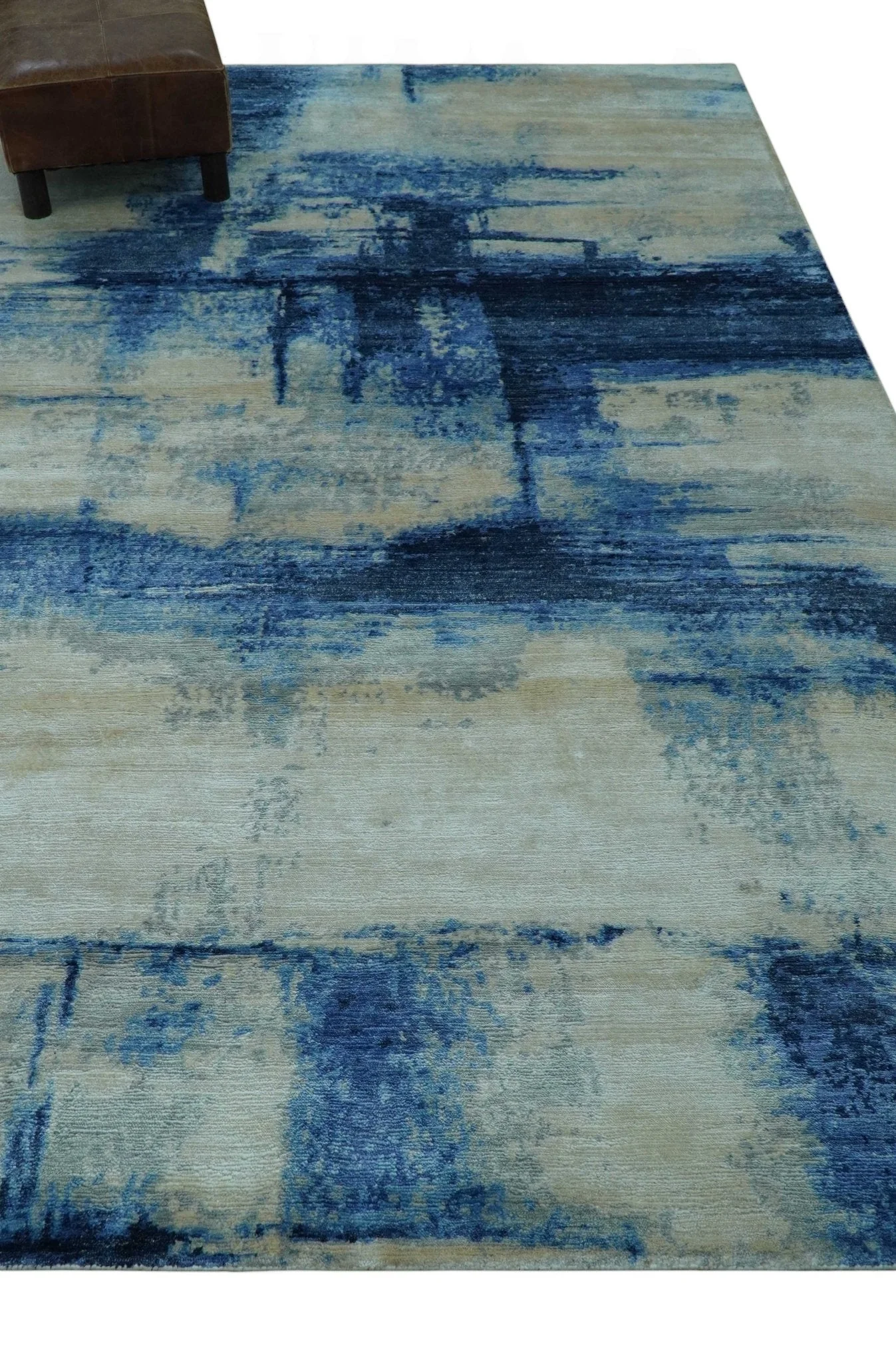 Modern Abstract Design Blue And Ivory Hand Knotted 6x9 Bamboo Silk Area Rug - Image 9