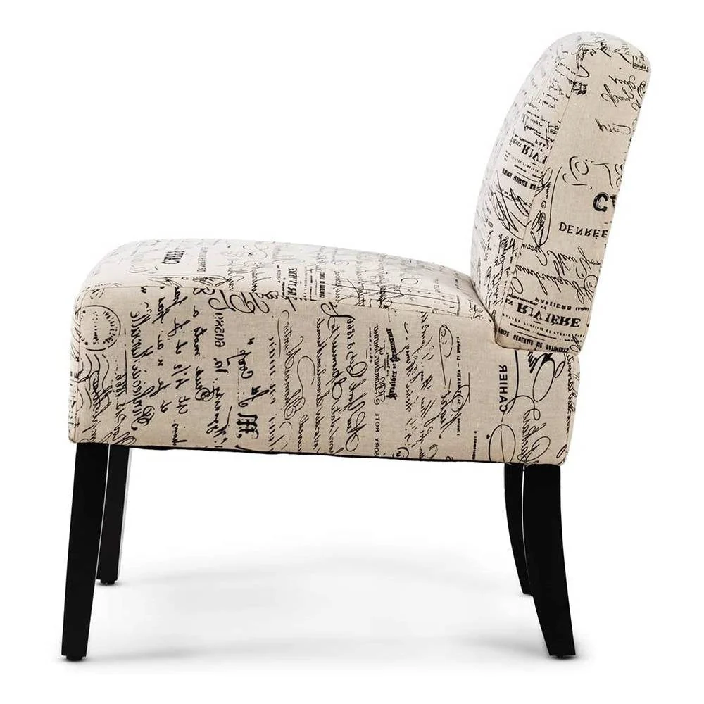 Modern Accent Chair Off-White French Cursive Pattern Upholstery with Black Wood Legs - Image 2