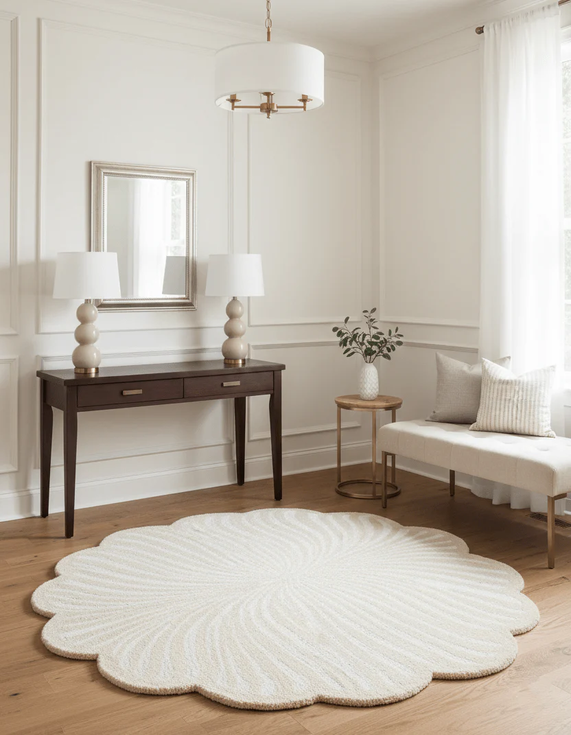 Modern Beige Blossom Hand Tufted 5x5 Wool Rug - Image 2