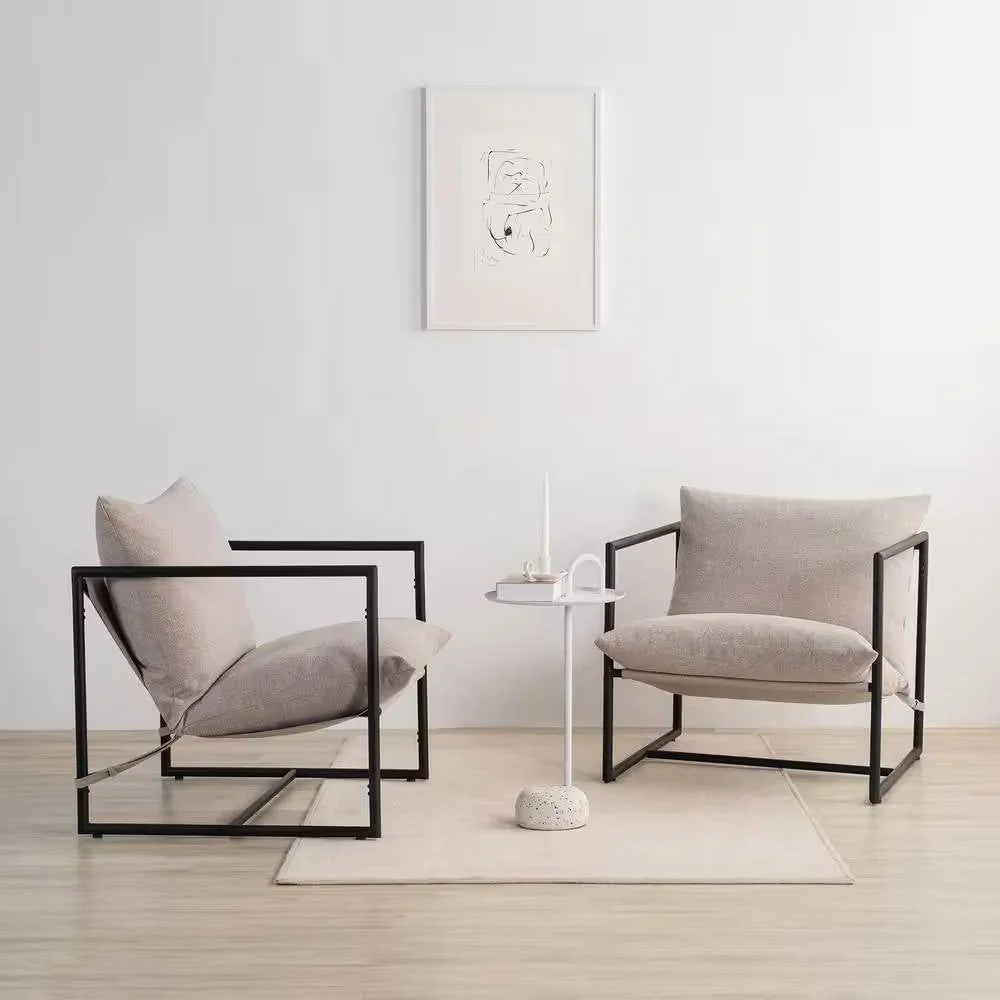 Modern Beige Grey Tan Oatmeal Upholstered Accent Chair with Metal Frame - Image 2