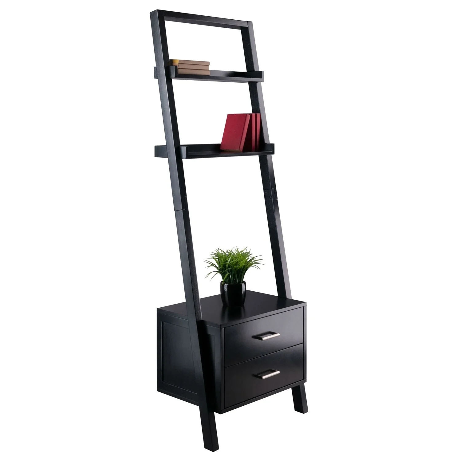 Modern Black 2 Drawer Entryway Shelf Leaning Ladder Bookshelf Bookcase - Image 2