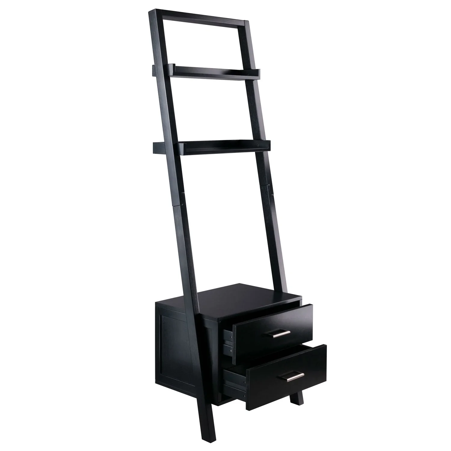 Modern Black 2 Drawer Entryway Shelf Leaning Ladder Bookshelf Bookcase - Image 3