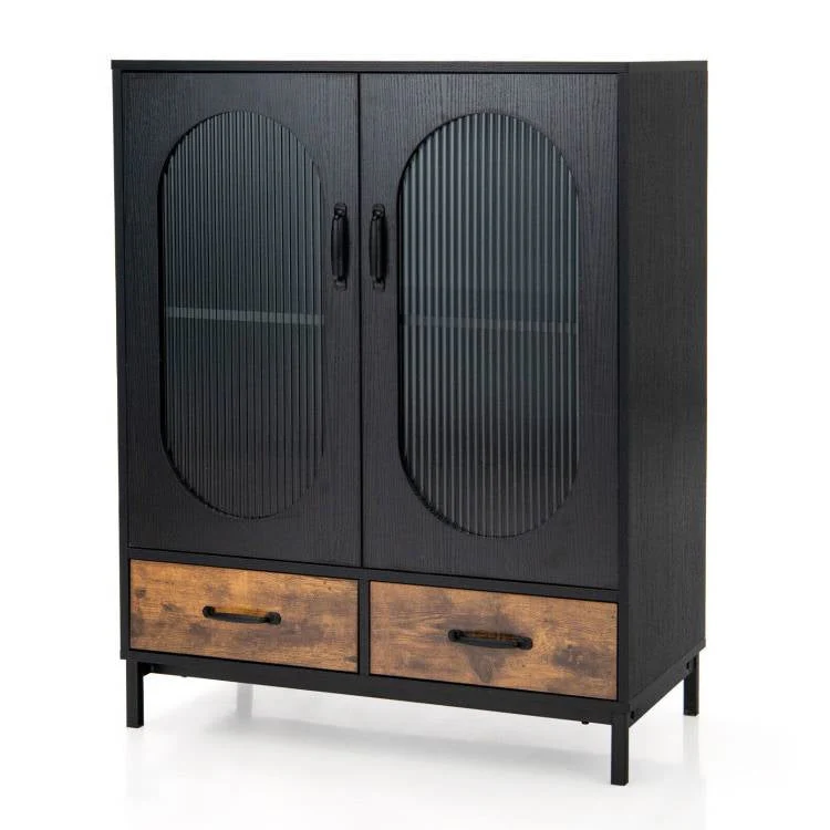 Modern Black Brown Metal Wood Sideboard Dining Buffet Cabinet with Glass Doors - Image 2