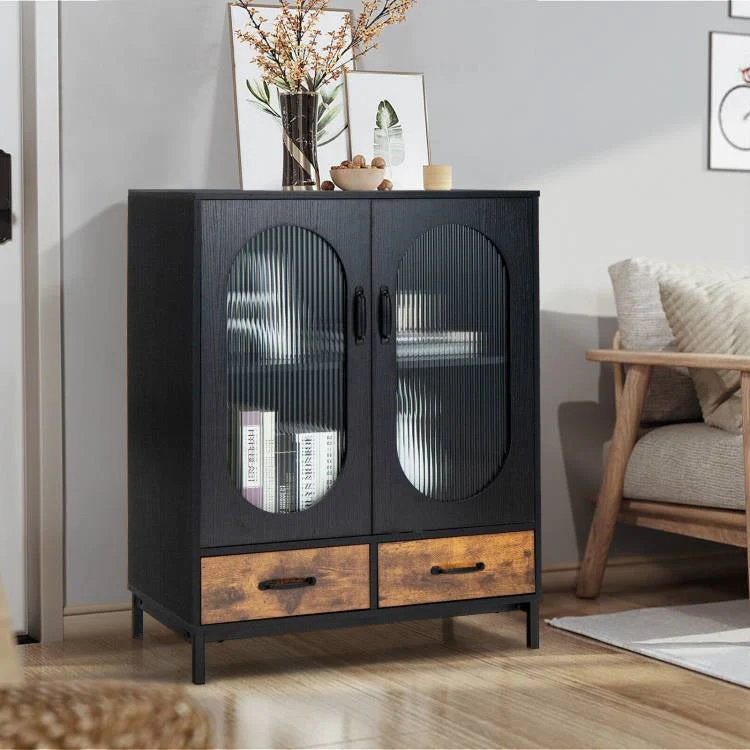 Modern Black Brown Metal Wood Sideboard Dining Buffet Cabinet with Glass Doors - Image 3
