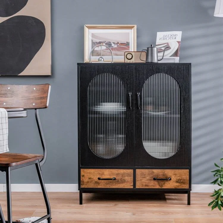 Modern Black Brown Metal Wood Sideboard Dining Buffet Cabinet with Glass Doors - Image 4