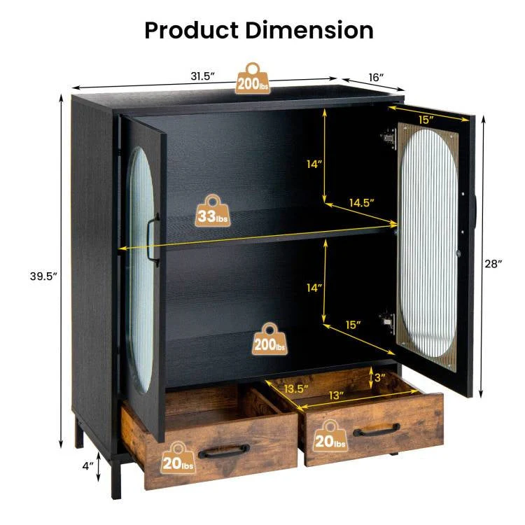 Modern Black Brown Metal Wood Sideboard Dining Buffet Cabinet with Glass Doors - Image 5