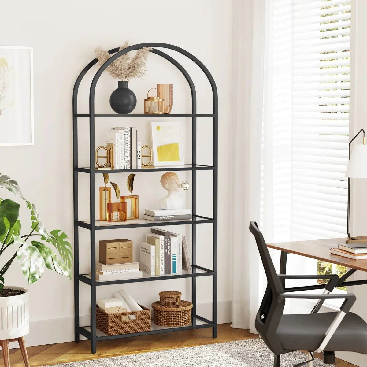 Modern Black Metal Arched Top Display Rack Bookcase with 5 Glass Storage Shelves - Image 2