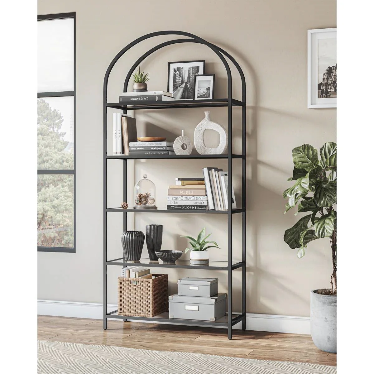 Modern Black Metal Arched Top Display Rack Bookcase with 5 Glass Storage Shelves - Image 4