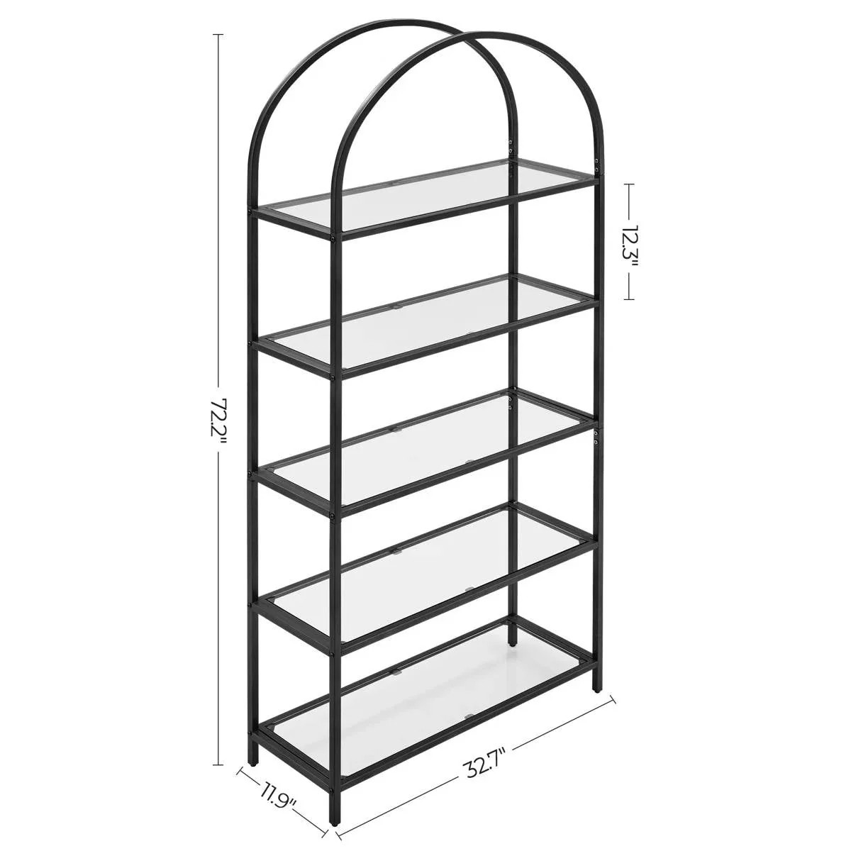 Modern Black Metal Arched Top Display Rack Bookcase with 5 Glass Storage Shelves - Image 5