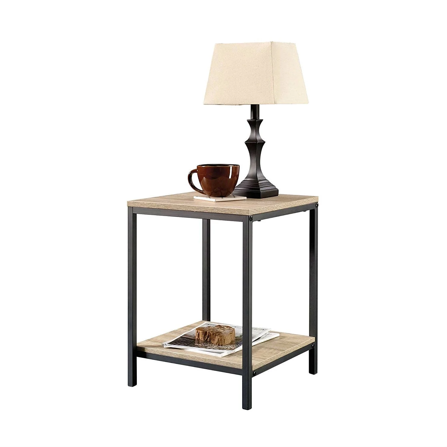 Modern Black Metal Frame End Table with Oak Finish Wood Top and Bottom Shelf - Image 2