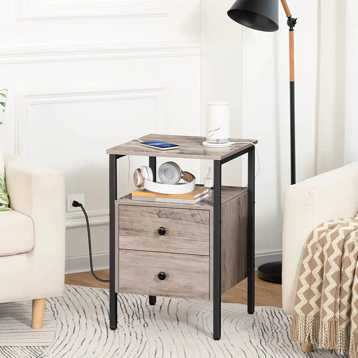 Modern Black Metal Nightstand with Grey Wood Finish Drawers and Shelf - Image 2