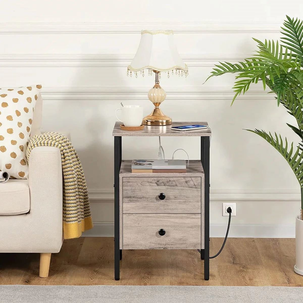 Modern Black Metal Nightstand with Grey Wood Finish Drawers and Shelf - Image 3