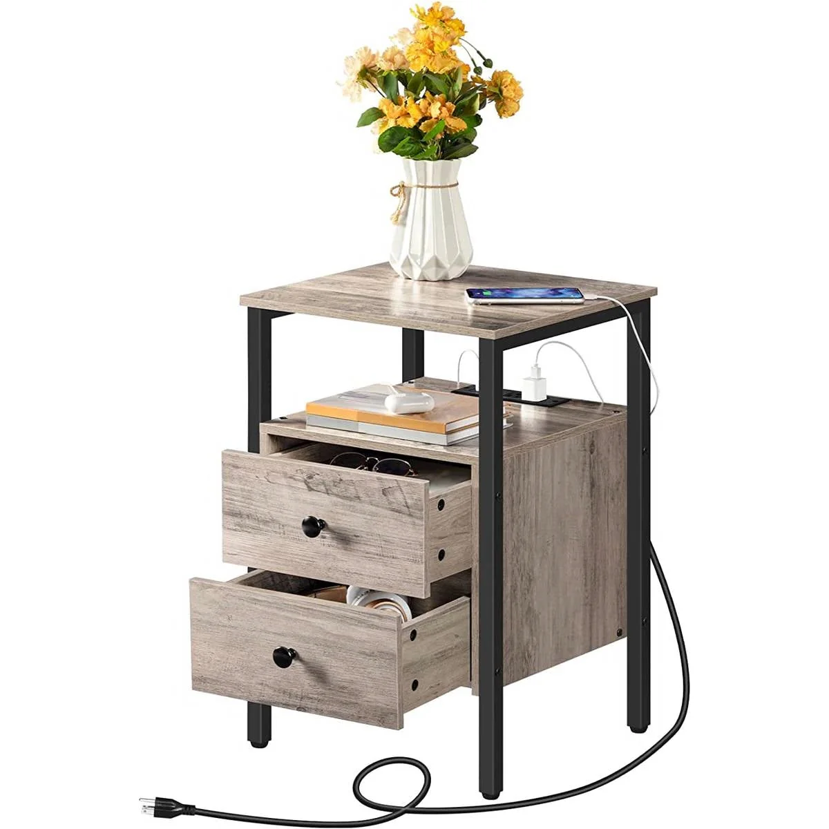Modern Black Metal Nightstand with Grey Wood Finish Drawers and Shelf - Image 4