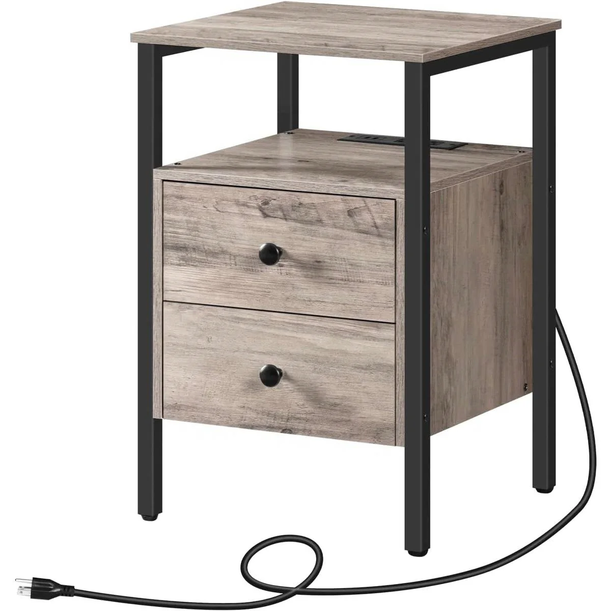 Modern Black Metal Nightstand with Grey Wood Finish Drawers and Shelf - Image 5