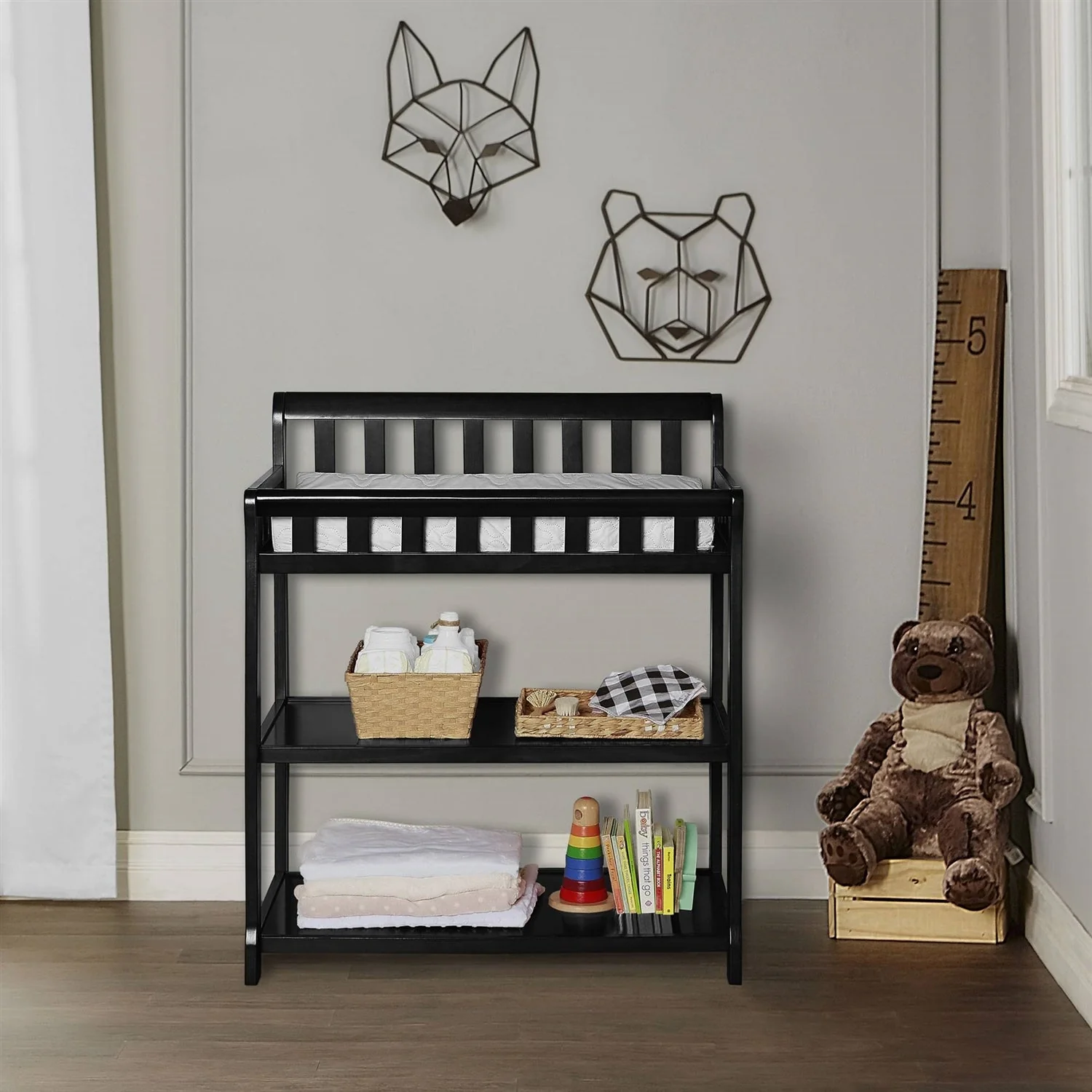 Modern Black Wooden Baby Changing Table with Safety Rail Mattress Pad and Strap - Image 3