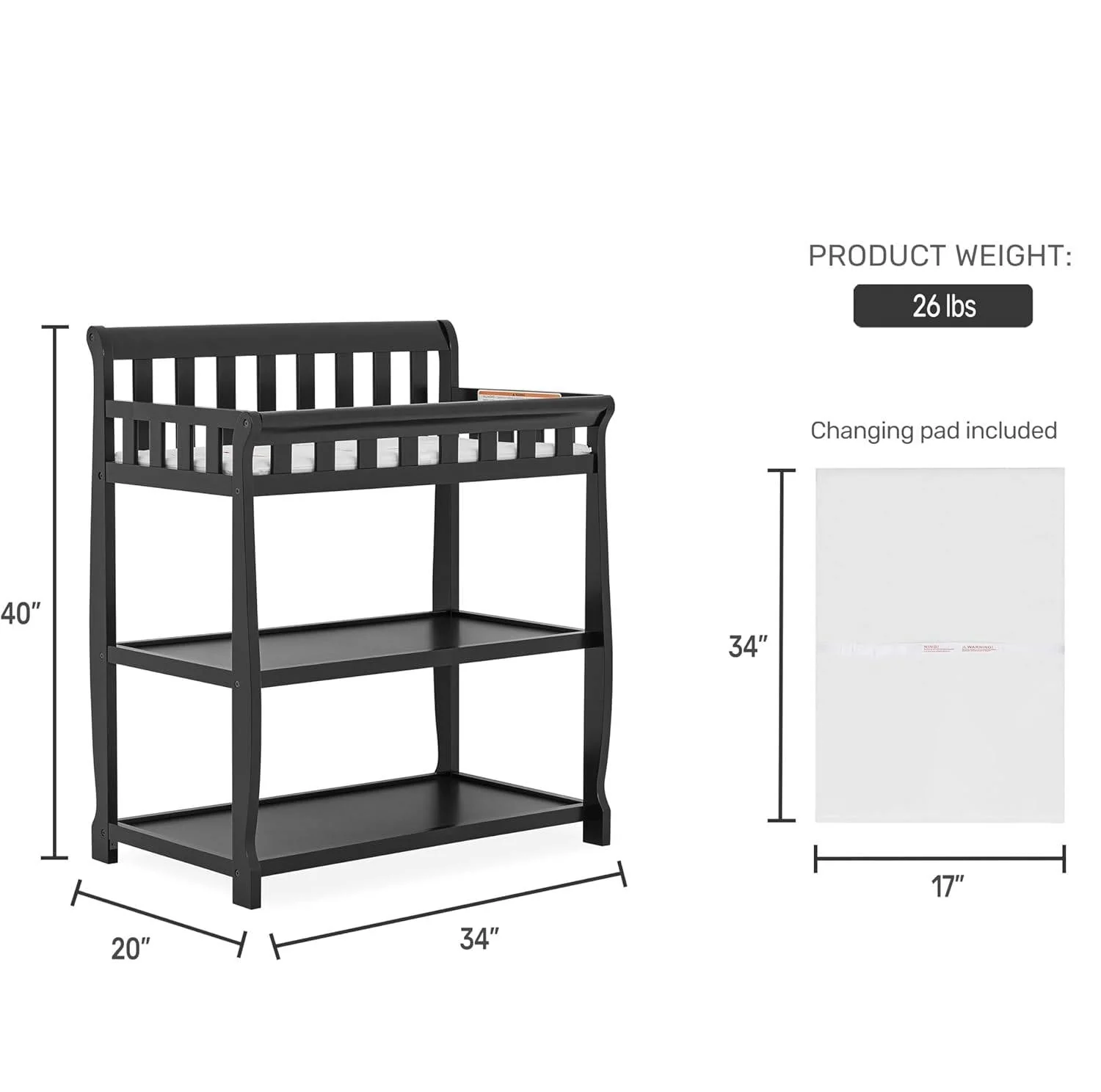 Modern Black Wooden Baby Changing Table with Safety Rail Mattress Pad and Strap - Image 5