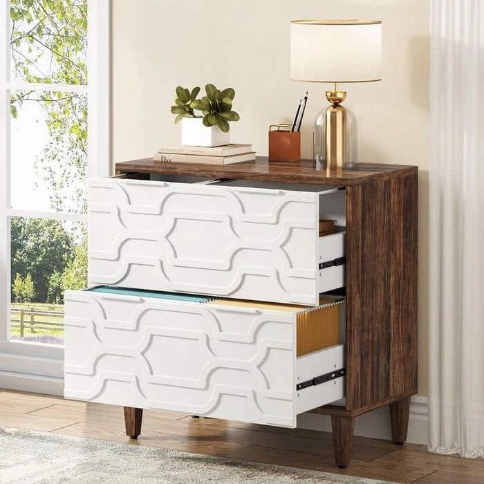 Modern Brown/White Wood 2 Drawer Filing Cabinet Printer Stand - Image 2