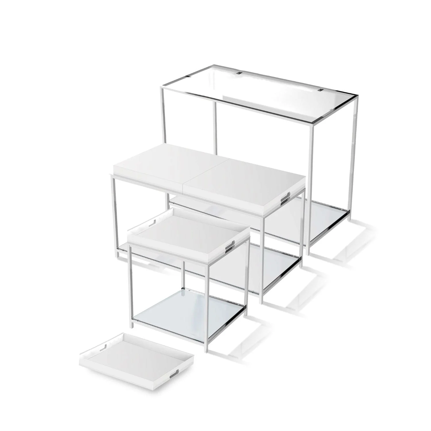 Modern Chrome Metal Coffee Table with 2 White Removable Trays - Image 3
