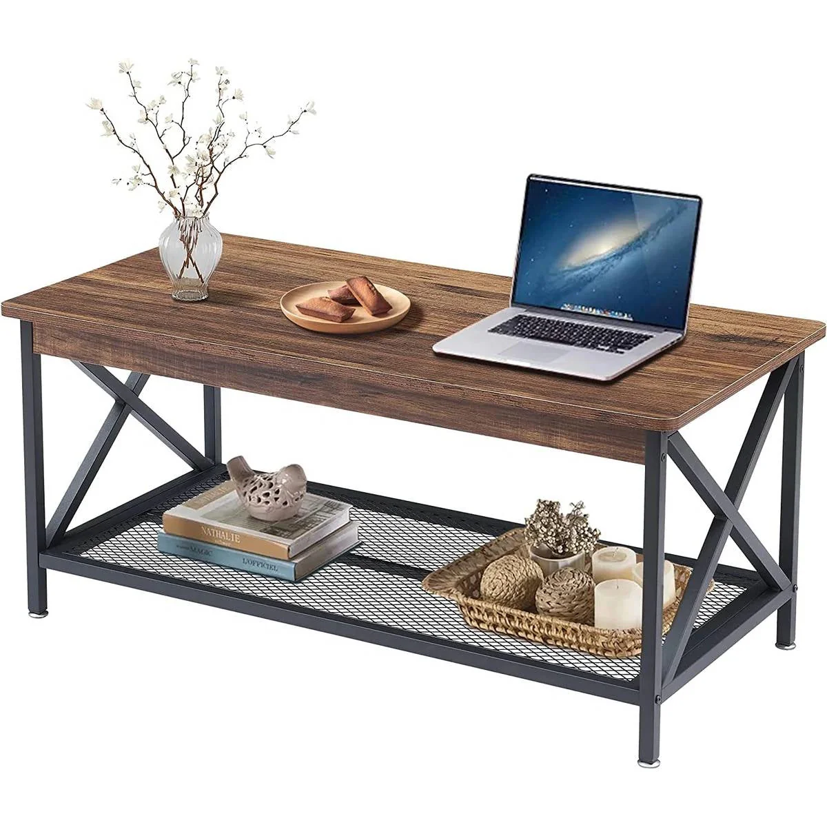 Modern Classic Metal Wood Coffee Table with Bottom Storage Shelf - Image 2