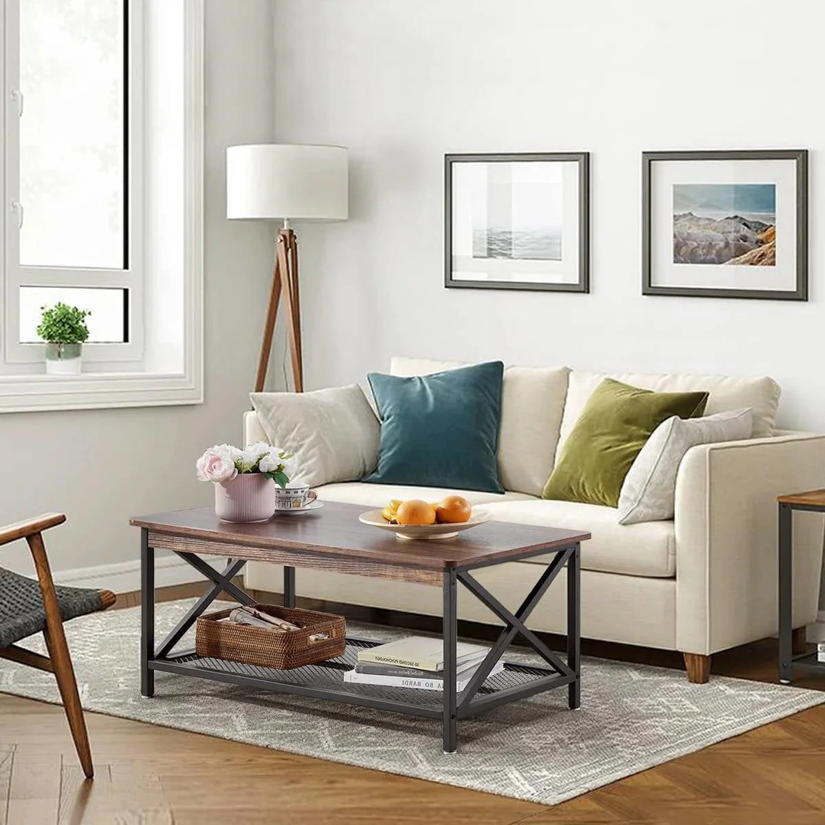 Modern Classic Metal Wood Coffee Table with Bottom Storage Shelf - Image 4