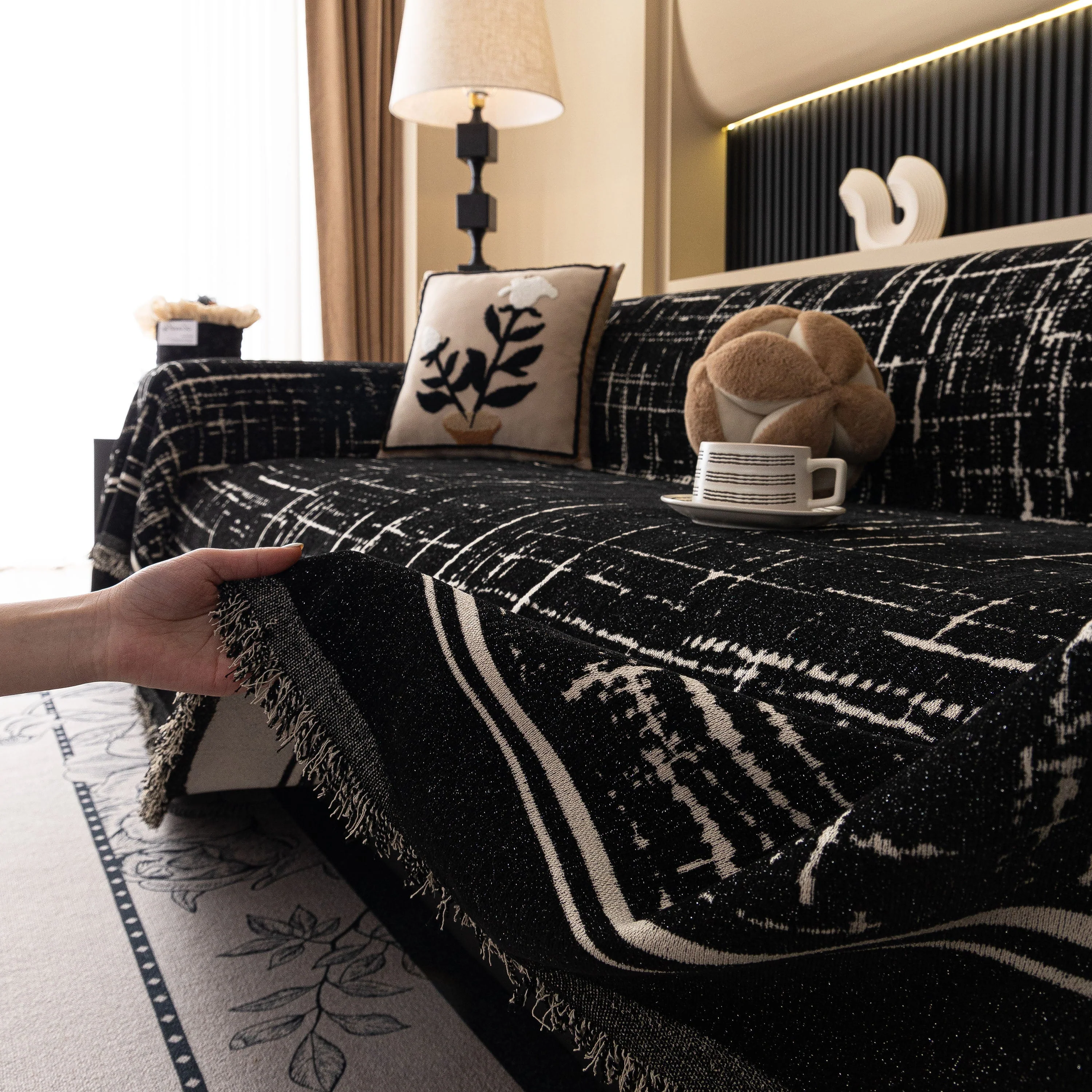 Modern Couch Protector Blanket Woven Chenille Sofa Cover Throw with Artistic Grid - Image 11