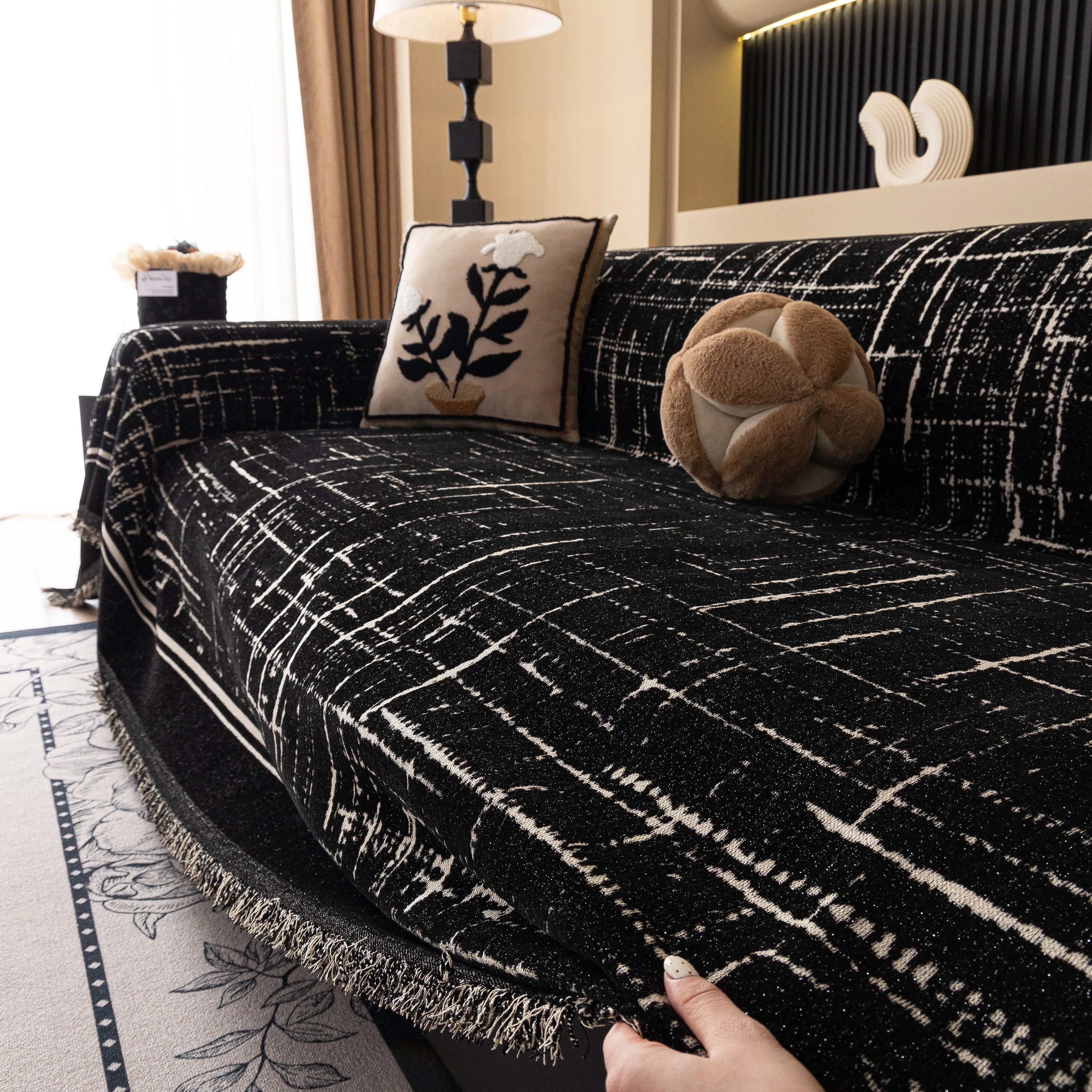 Modern Couch Protector Blanket Woven Chenille Sofa Cover Throw with Artistic Grid - Image 12