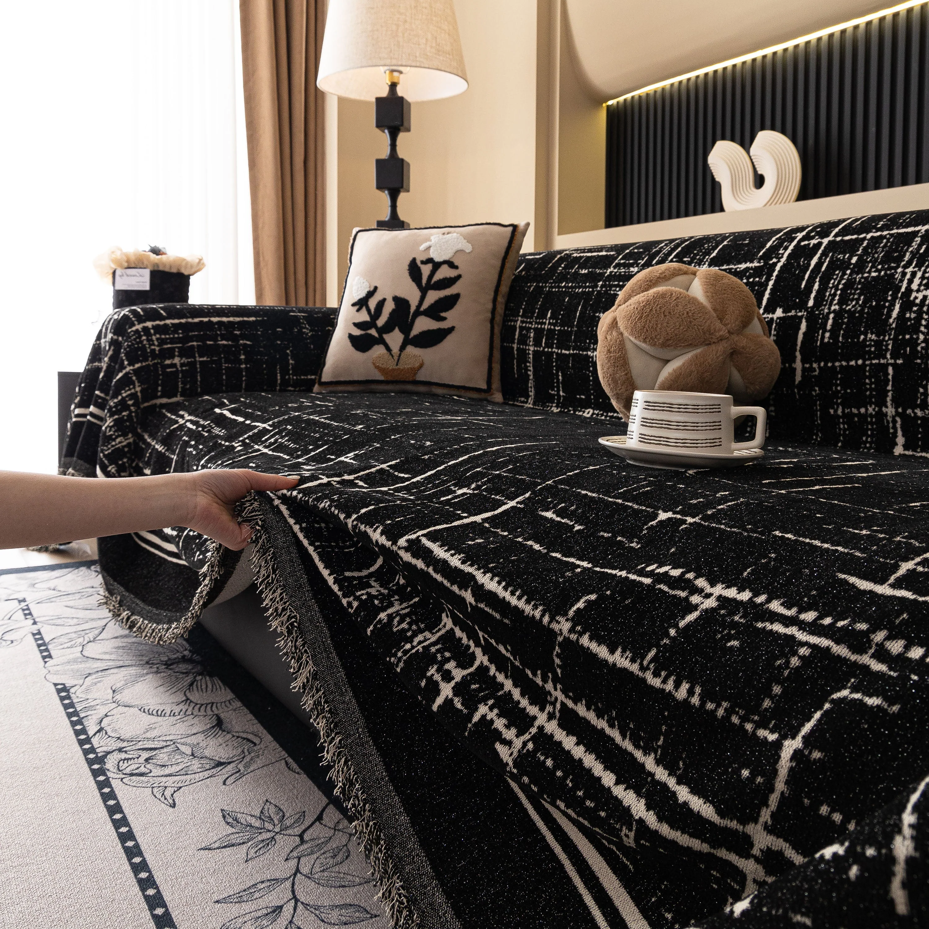 Modern Couch Protector Blanket Woven Chenille Sofa Cover Throw with Artistic Grid - Image 14