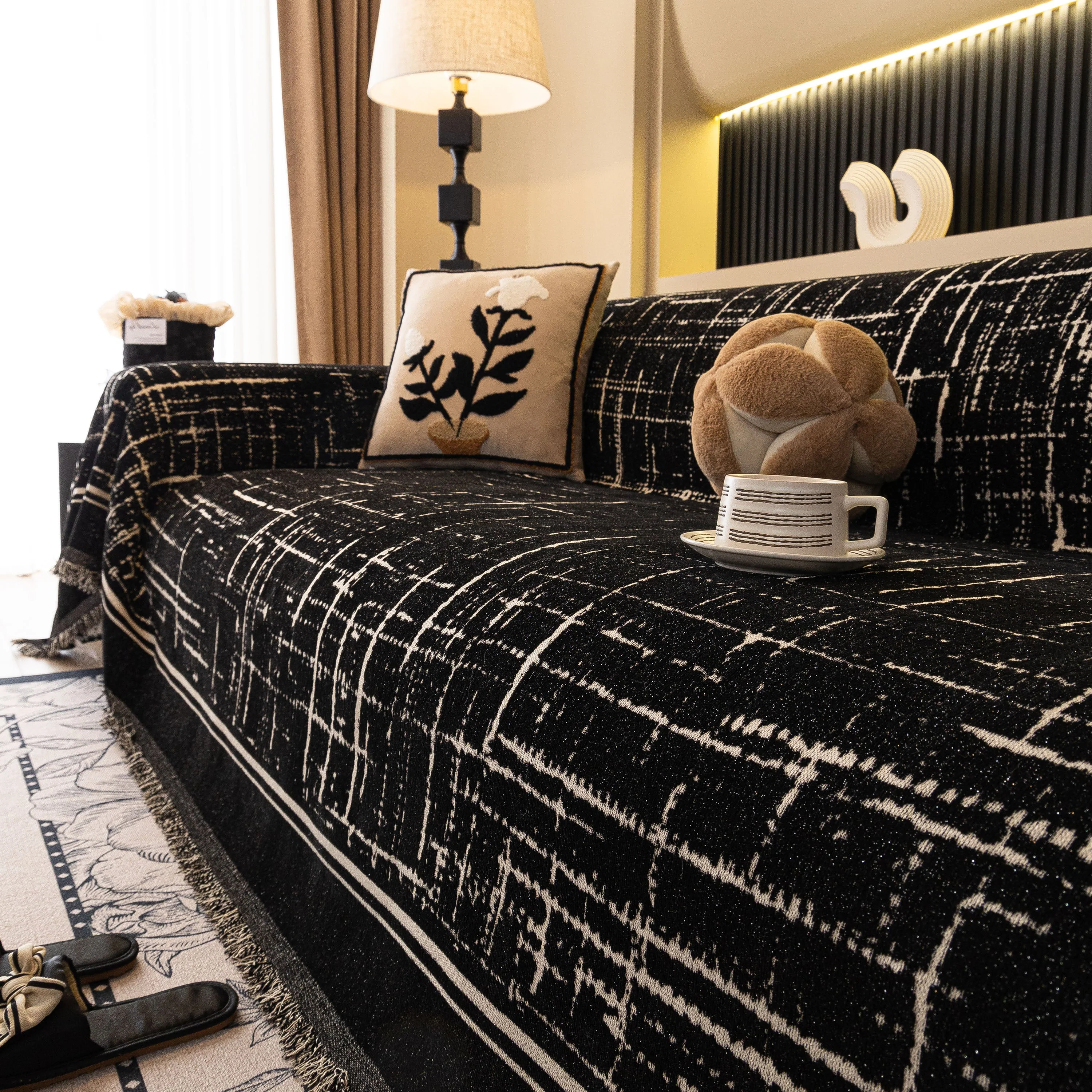 Modern Couch Protector Blanket Woven Chenille Sofa Cover Throw with Artistic Grid - Image 15