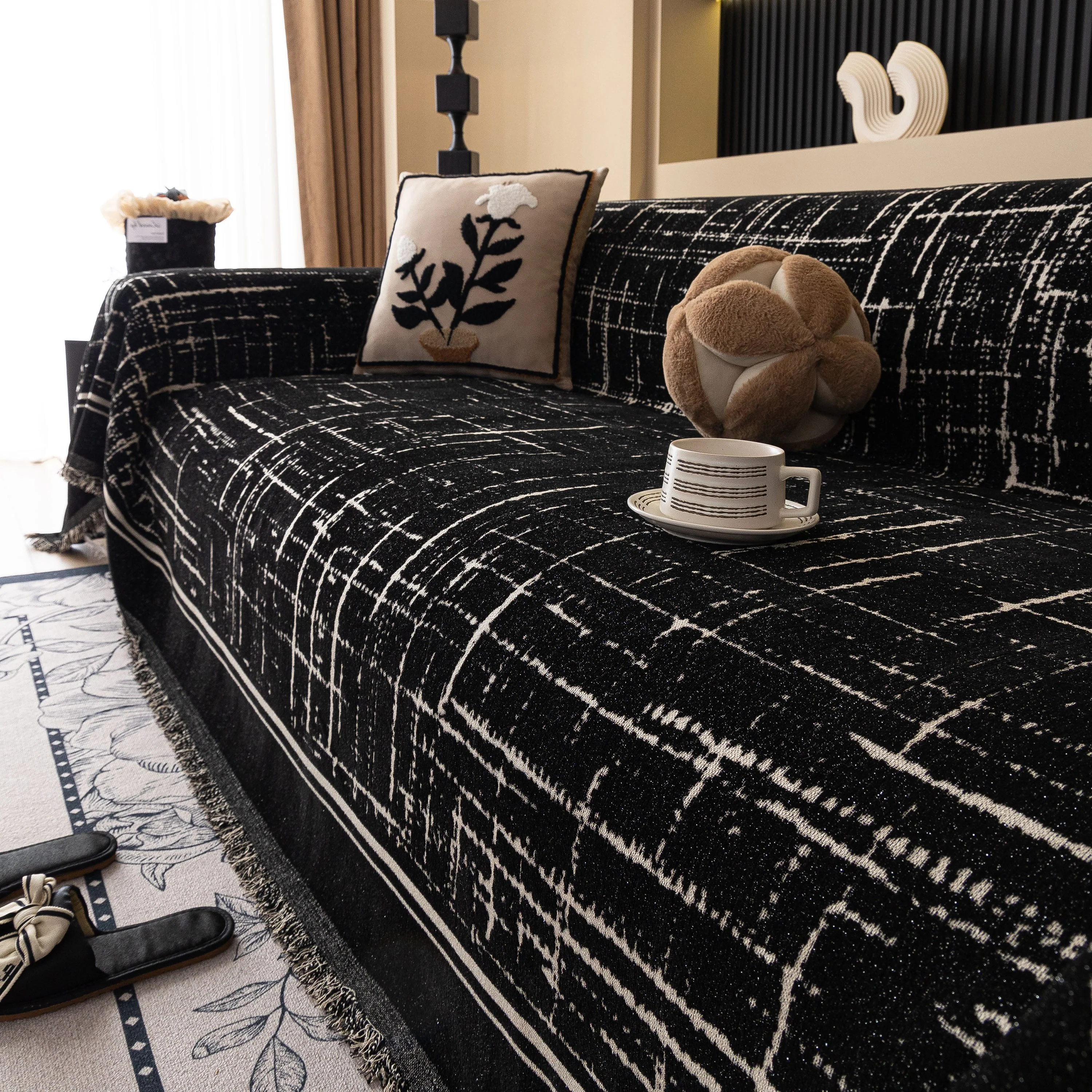 Modern Couch Protector Blanket Woven Chenille Sofa Cover Throw with Artistic Grid - Image 19