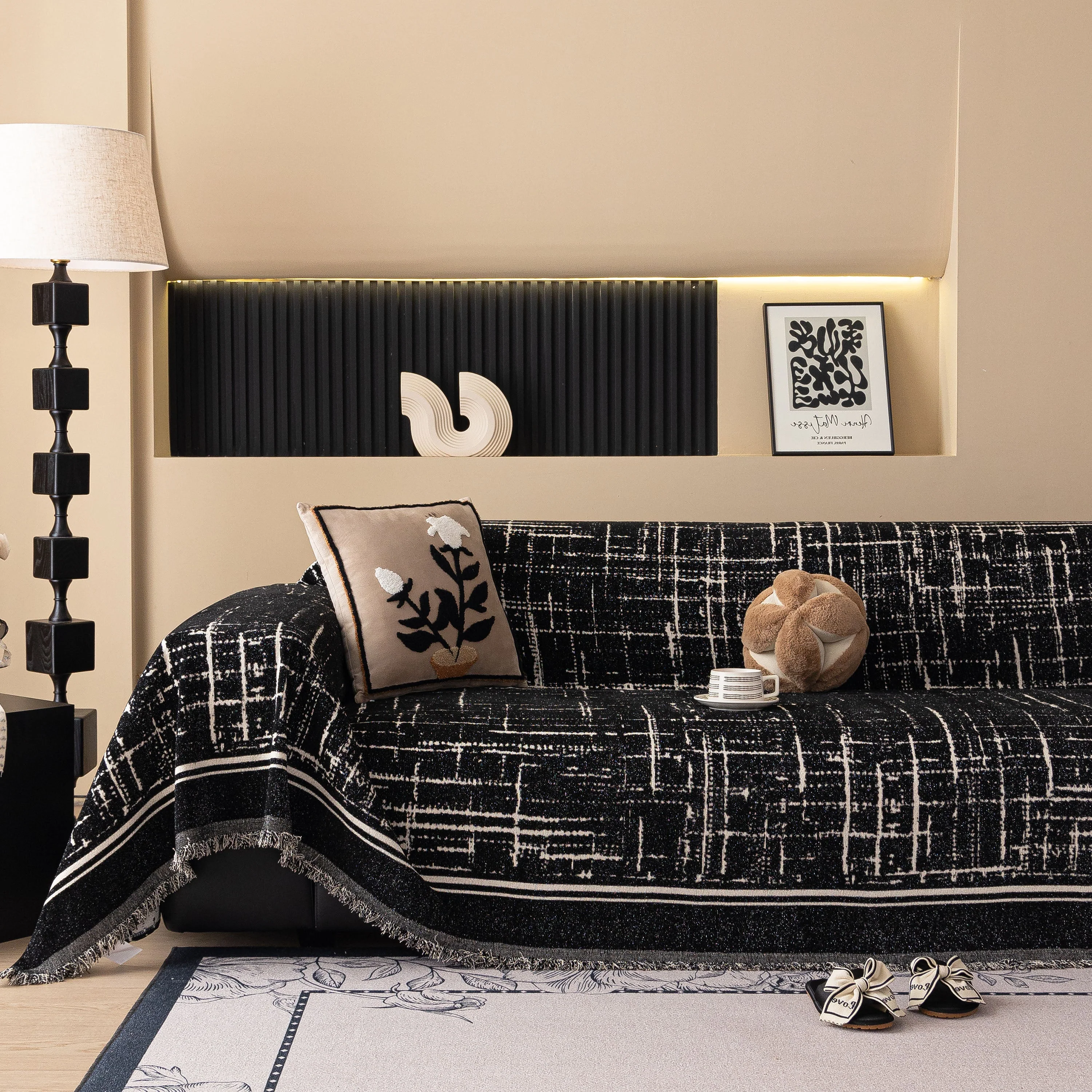 Modern Couch Protector Blanket Woven Chenille Sofa Cover Throw with Artistic Grid - Image 2