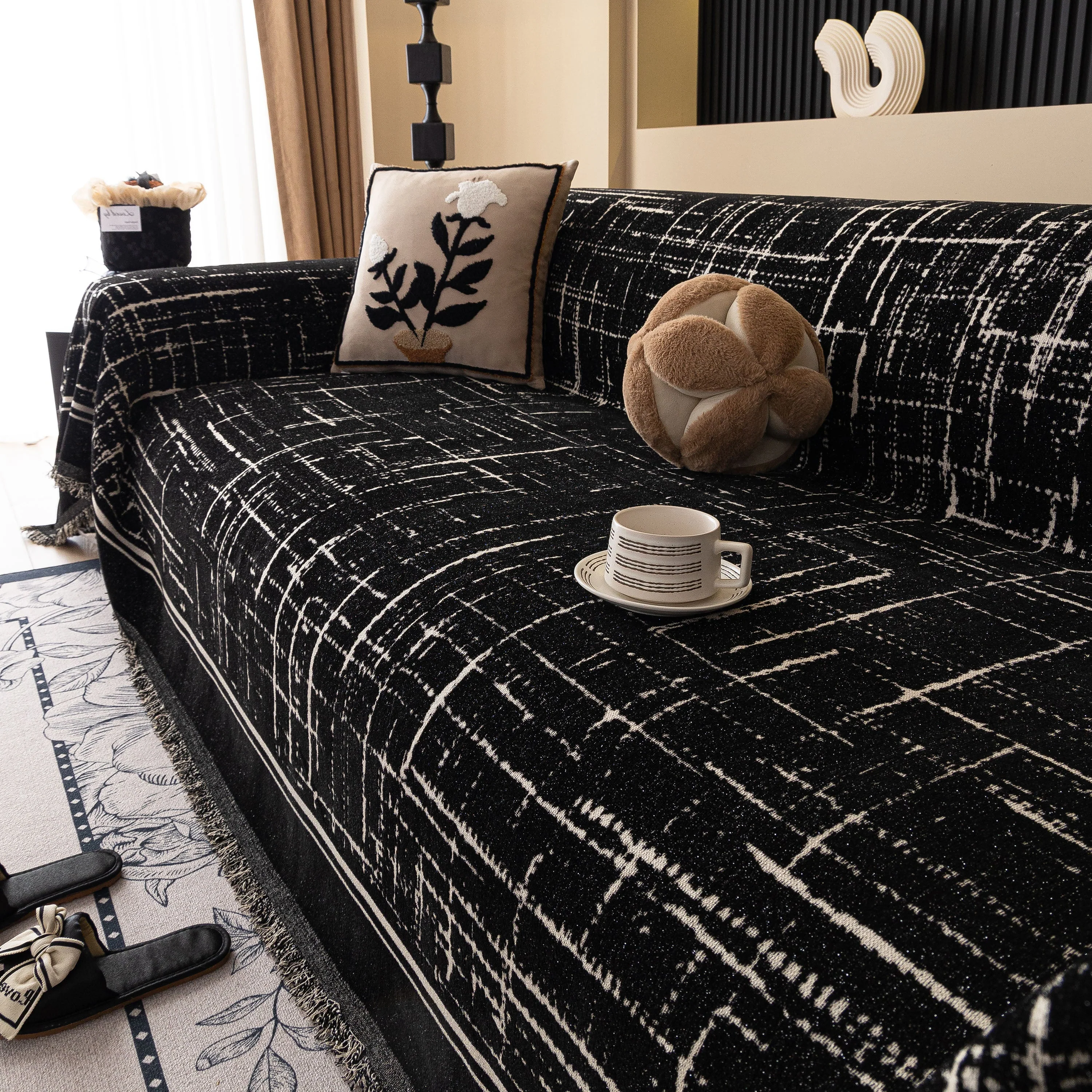 Modern Couch Protector Blanket Woven Chenille Sofa Cover Throw with Artistic Grid - Image 21