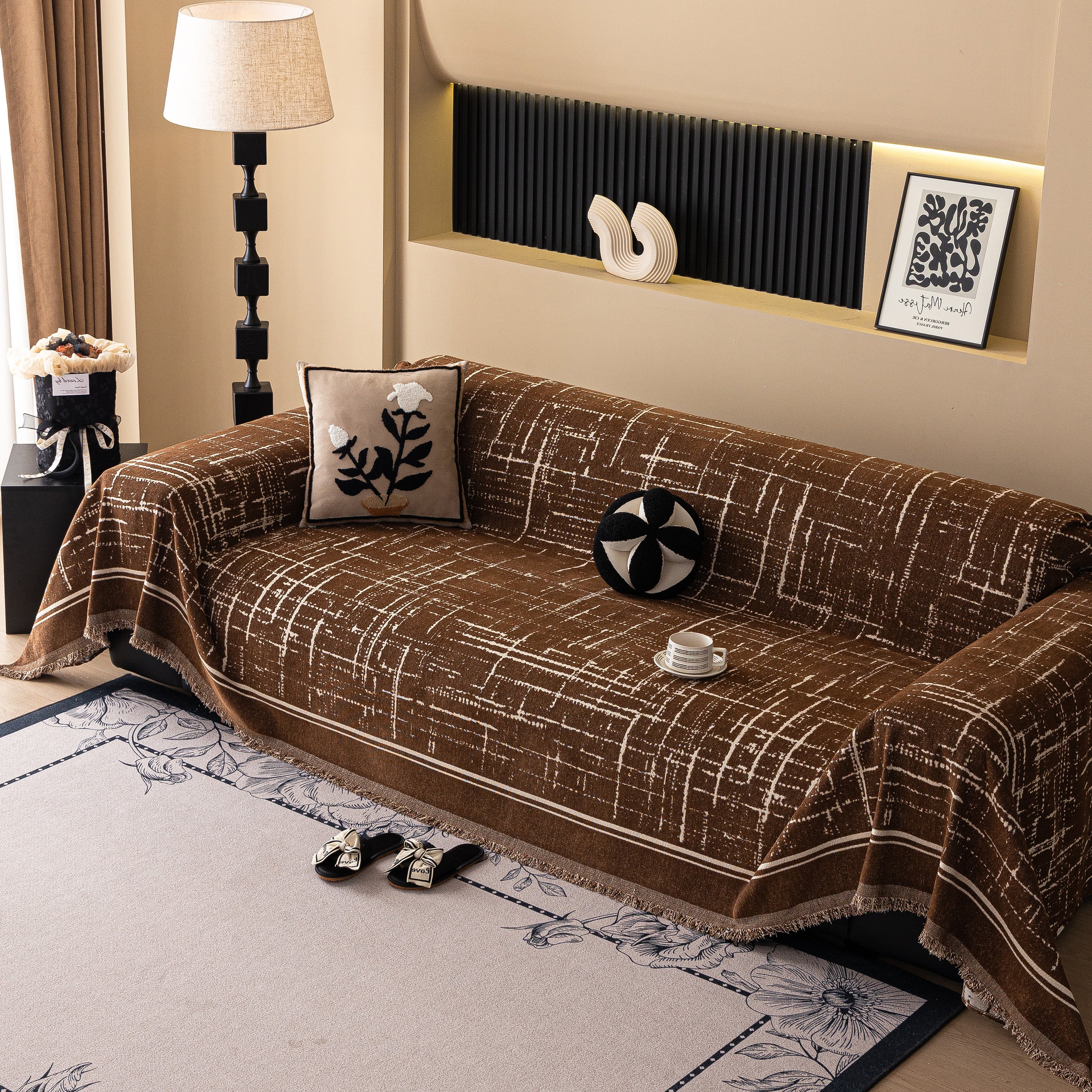 Modern Couch Protector Blanket Woven Chenille Sofa Cover Throw with Artistic Grid - Image 27