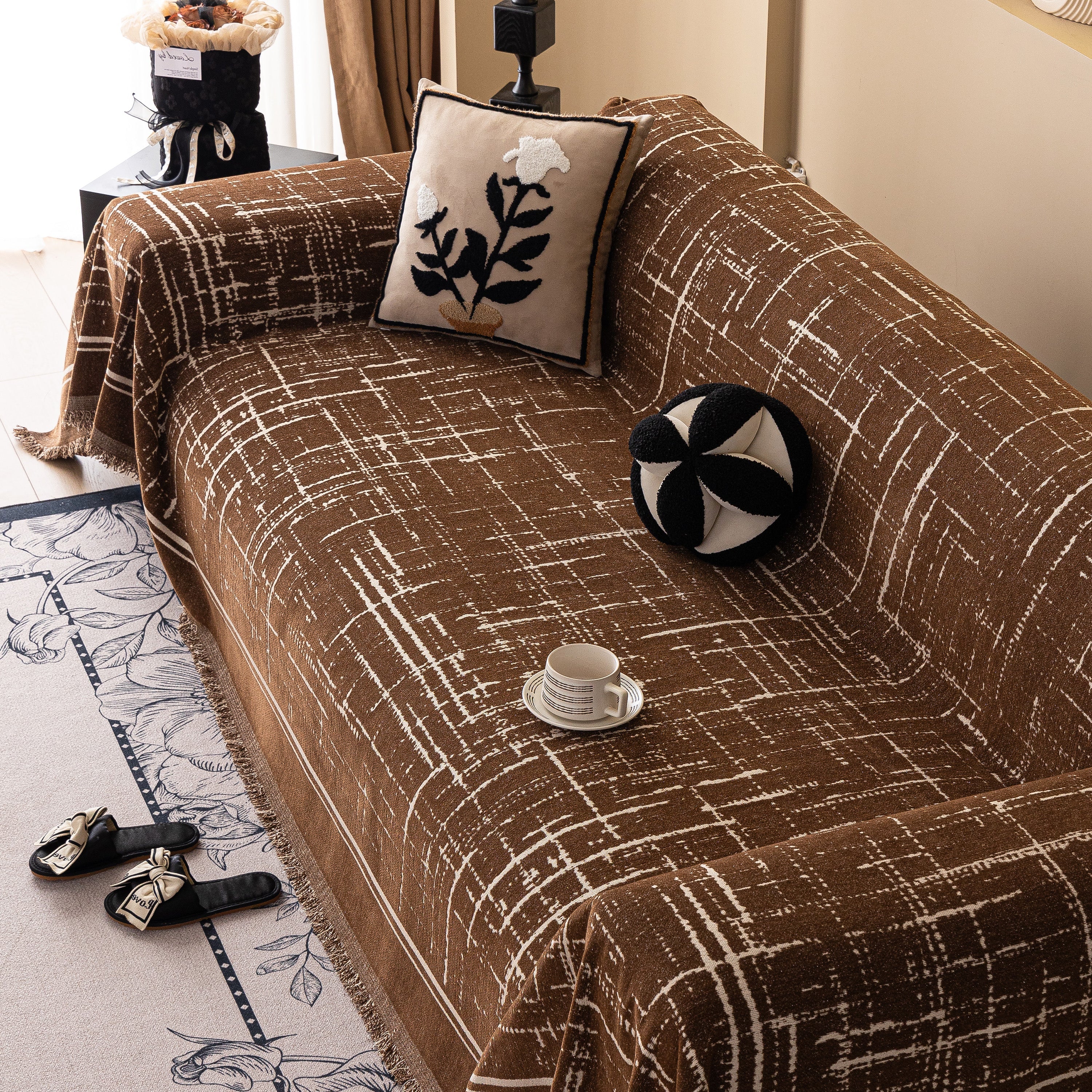Modern Couch Protector Blanket Woven Chenille Sofa Cover Throw with Artistic Grid - Image 29