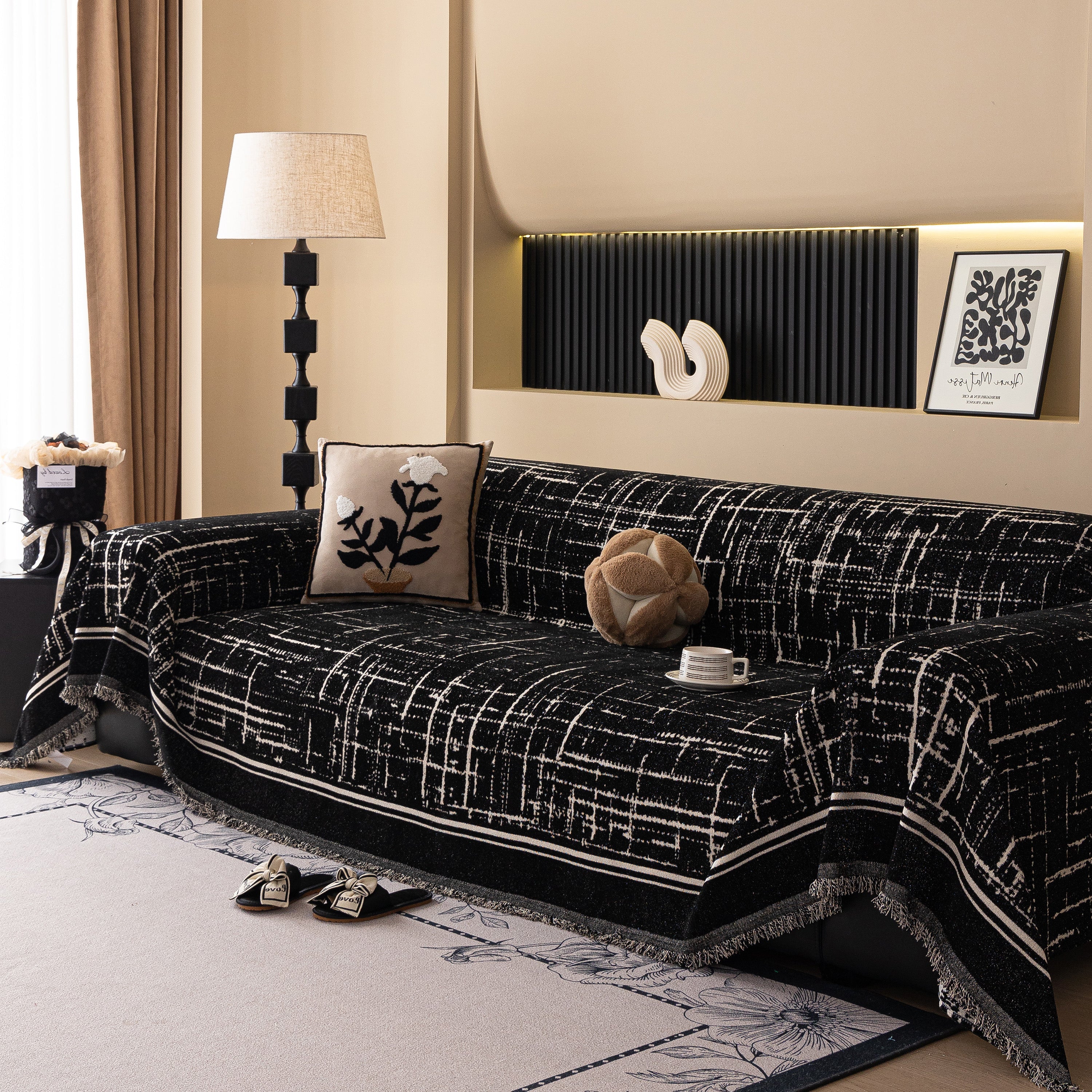 Modern Couch Protector Blanket Woven Chenille Sofa Cover Throw with Artistic Grid - Image 3