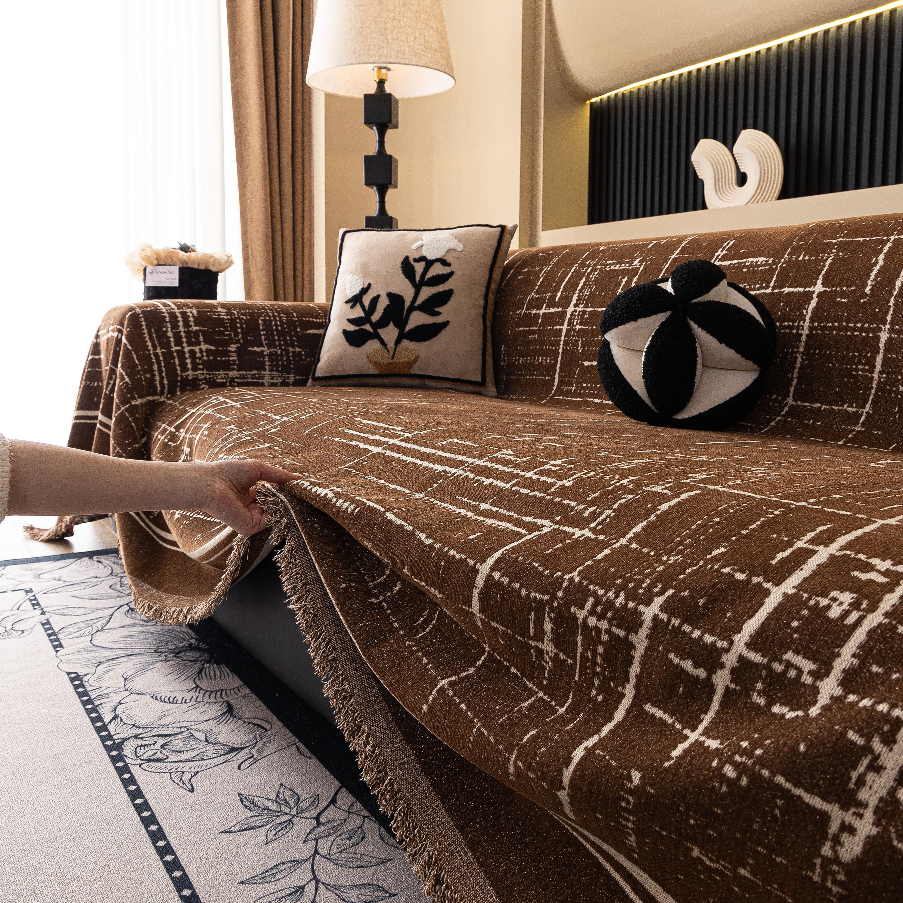 Modern Couch Protector Blanket Woven Chenille Sofa Cover Throw with Artistic Grid - Image 38
