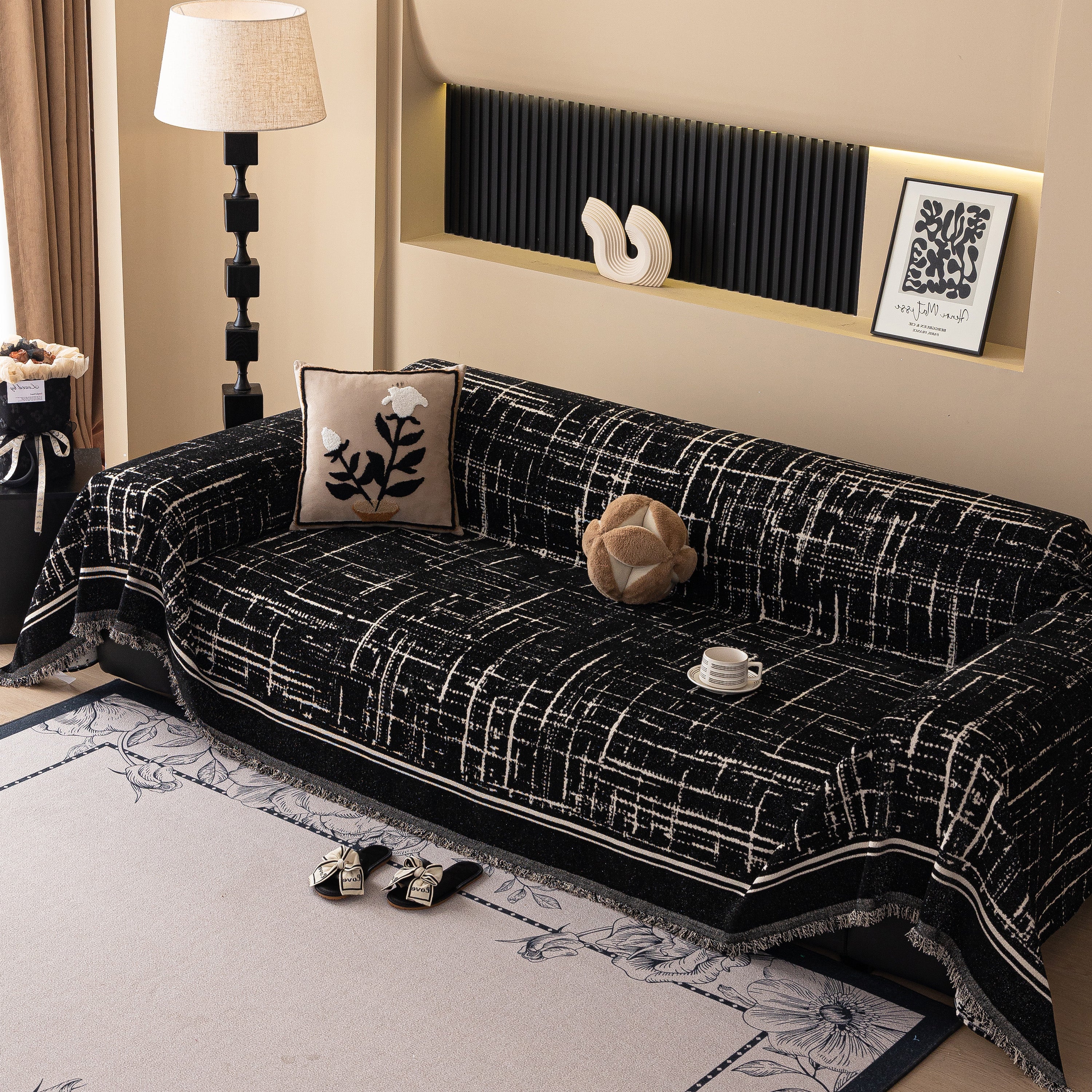 Modern Couch Protector Blanket Woven Chenille Sofa Cover Throw with Artistic Grid - Image 4