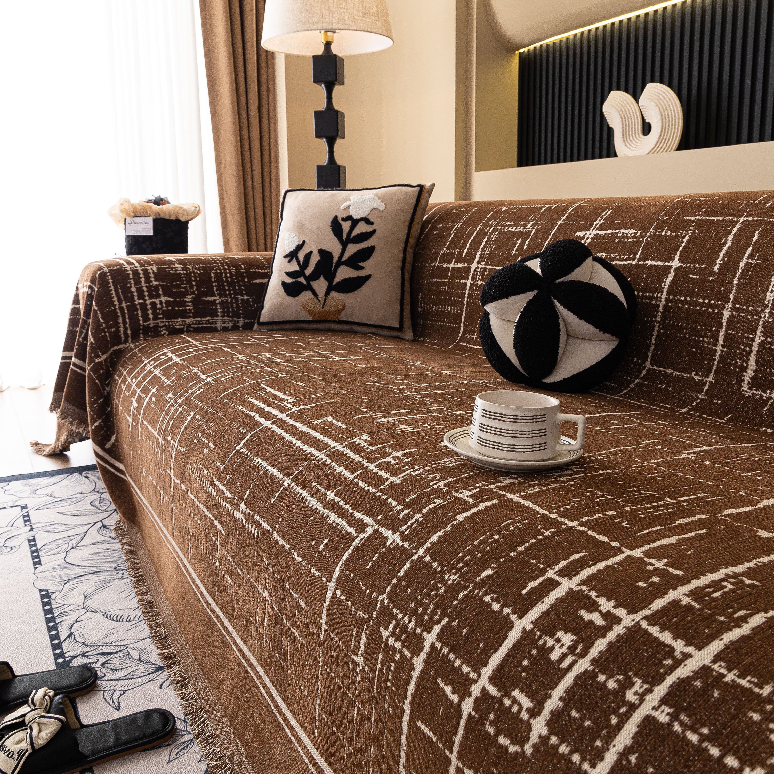 Modern Couch Protector Blanket Woven Chenille Sofa Cover Throw with Artistic Grid - Image 40