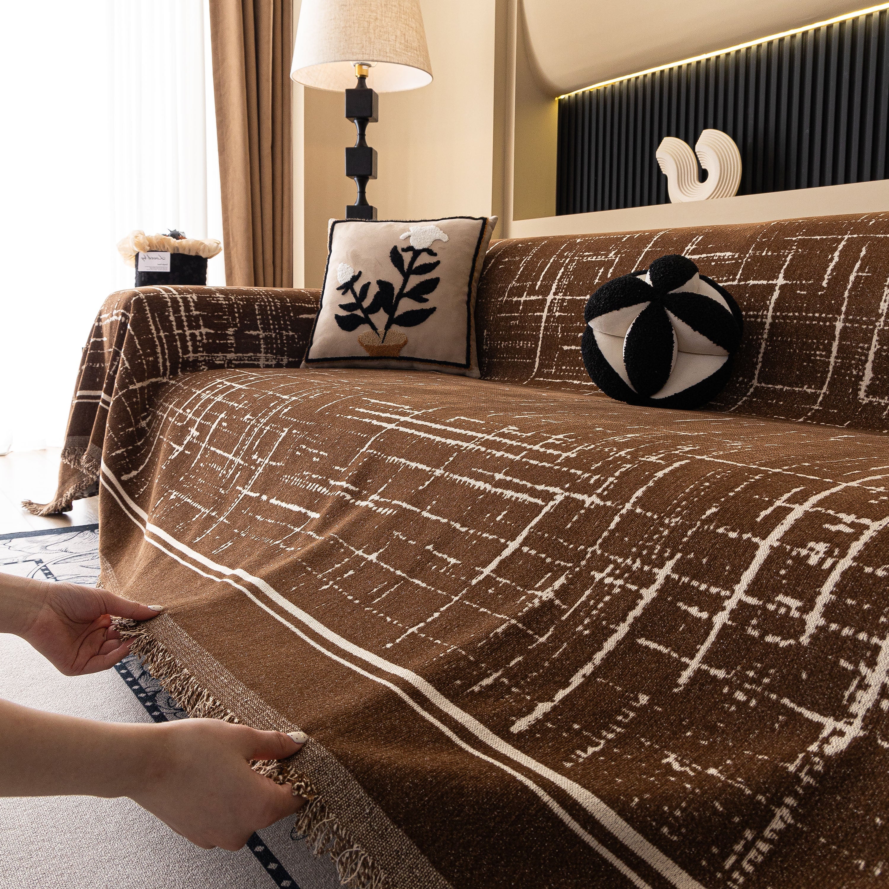 Modern Couch Protector Blanket Woven Chenille Sofa Cover Throw with Artistic Grid - Image 42