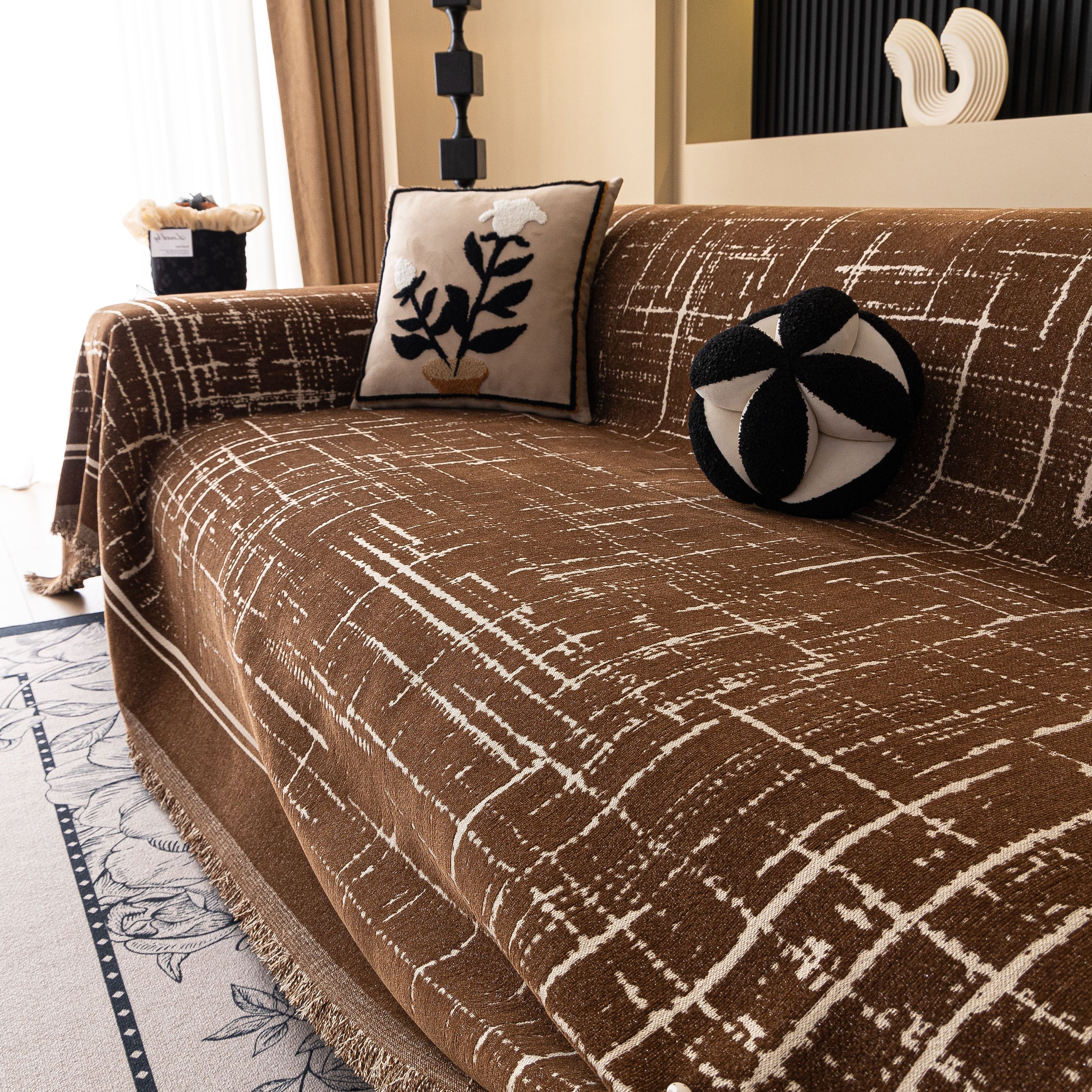 Modern Couch Protector Blanket Woven Chenille Sofa Cover Throw with Artistic Grid - Image 43