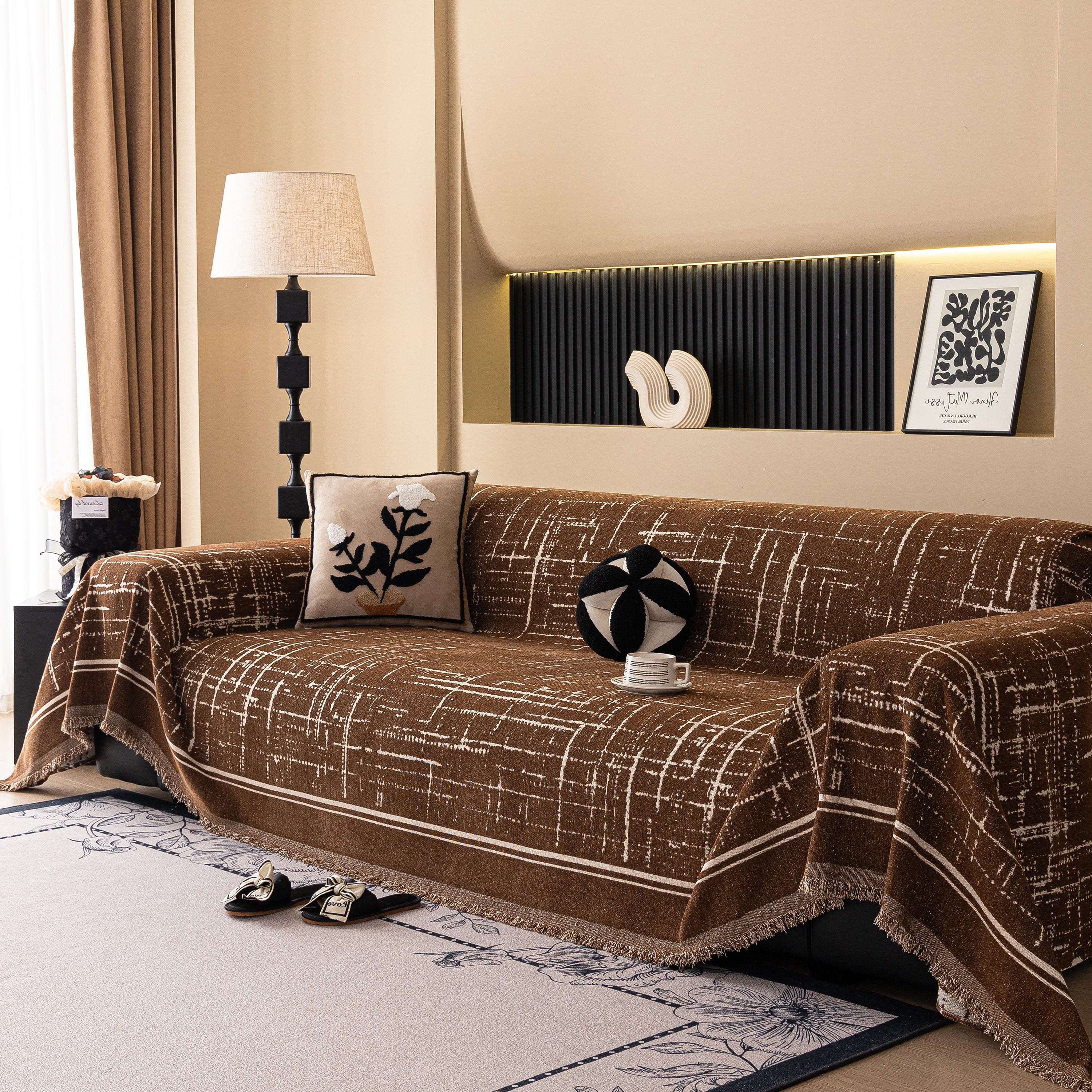 Modern Couch Protector Blanket Woven Chenille Sofa Cover Throw with Artistic Grid - Image 48