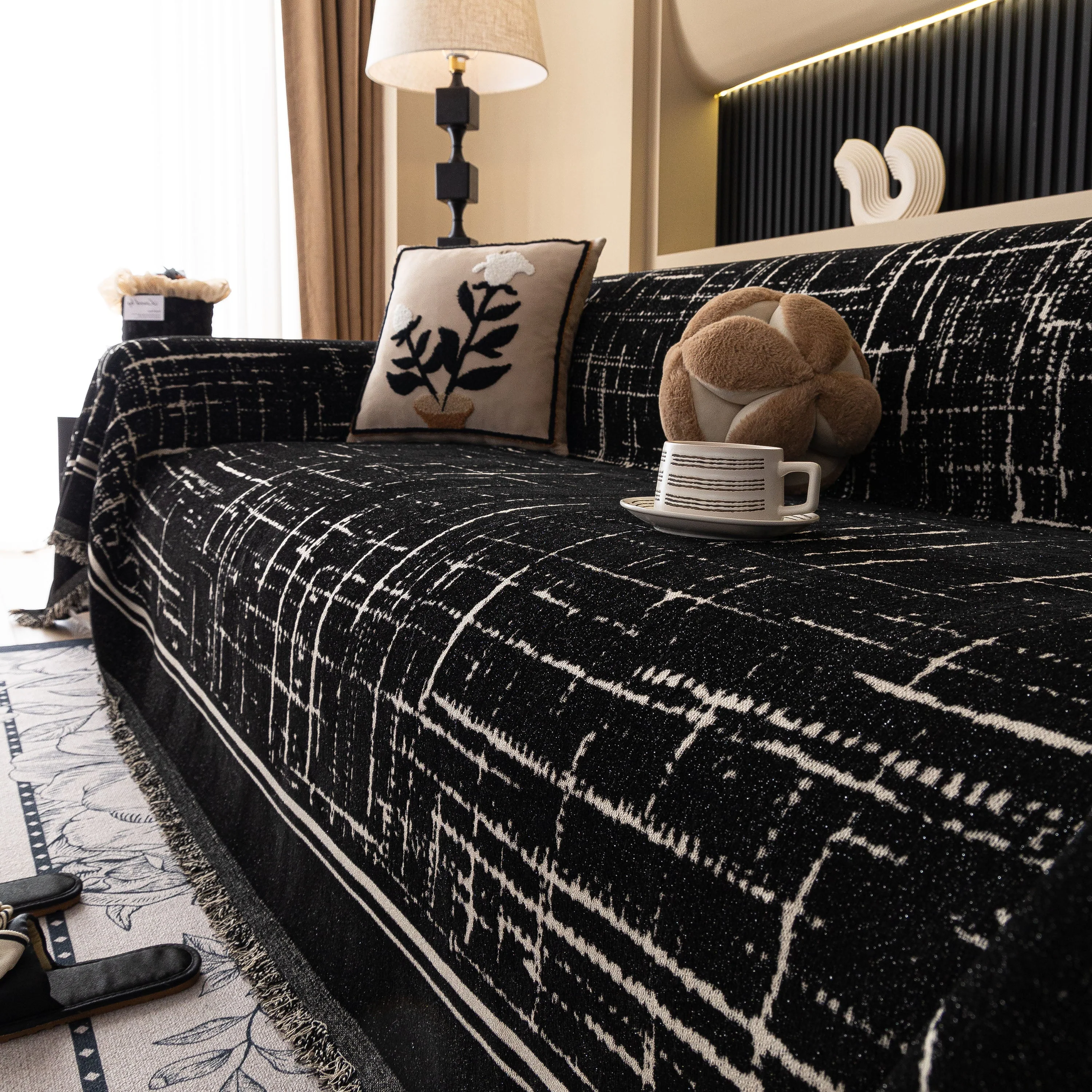 Modern Couch Protector Blanket Woven Chenille Sofa Cover Throw with Artistic Grid - Image 6