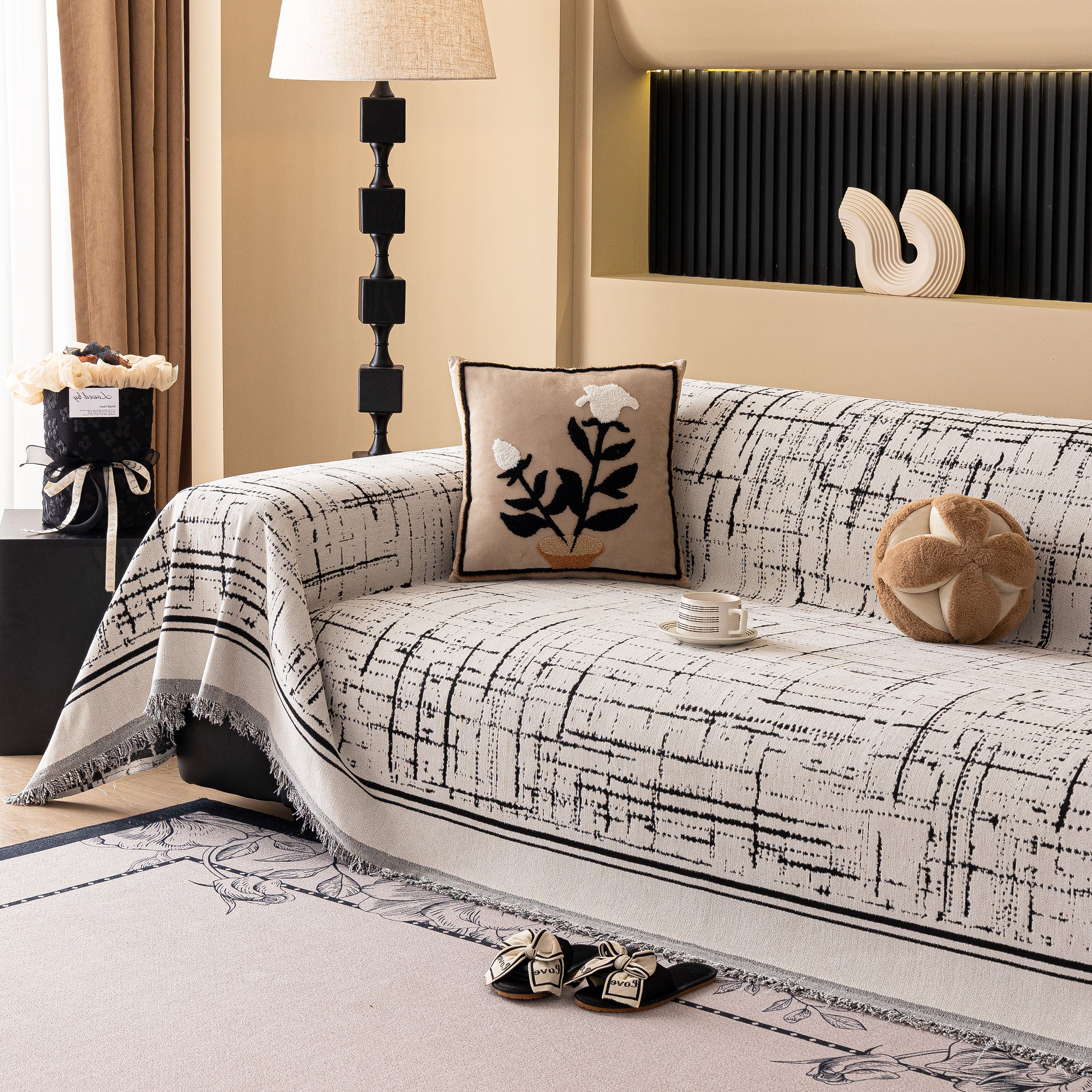 Modern Couch Protector Blanket Woven Chenille Sofa Cover Throw with Artistic Grid - Image 70